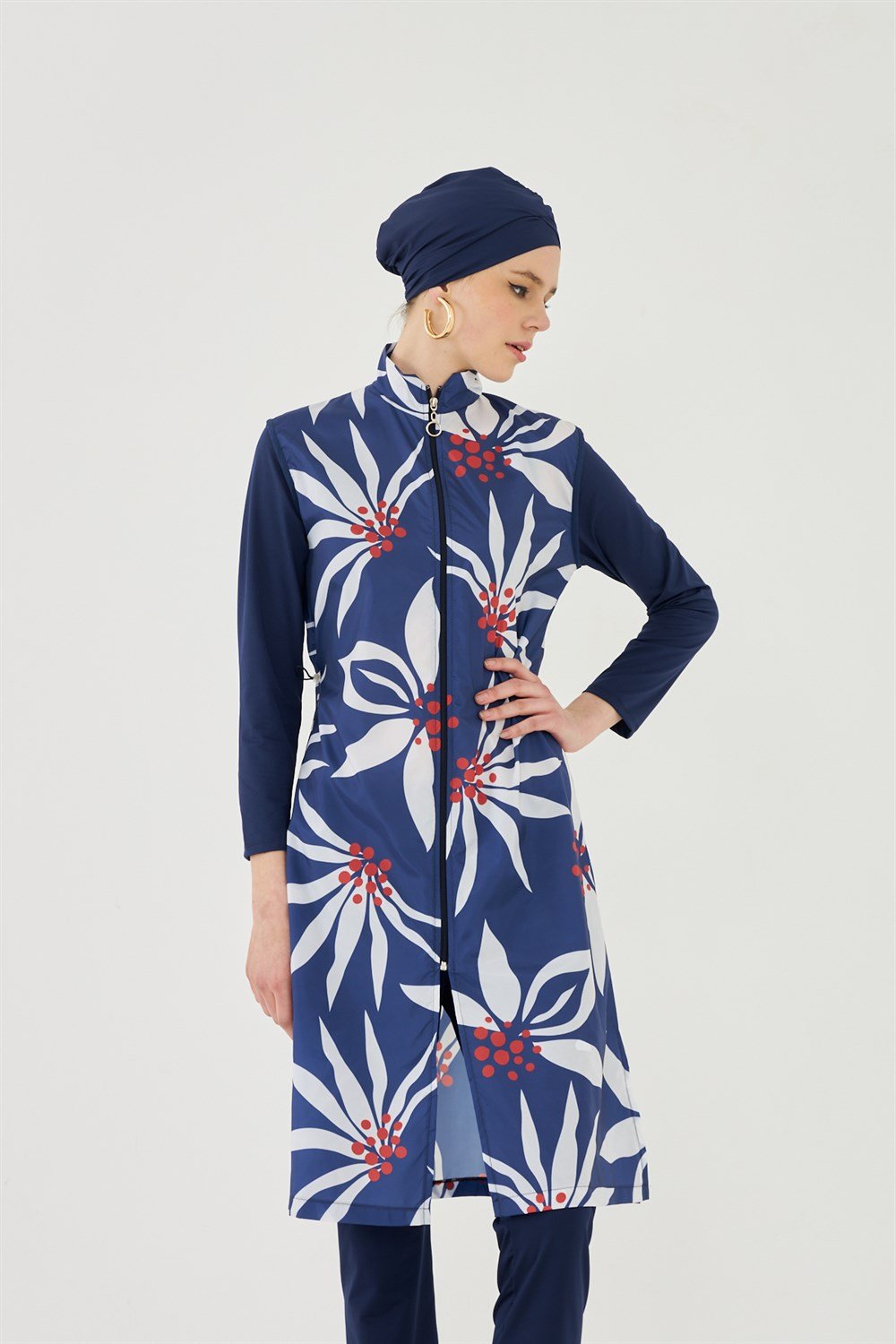 Dev beyaz yaprak Tam Kapalı Tesettür Mayo Deniz Mayosu TD703-159