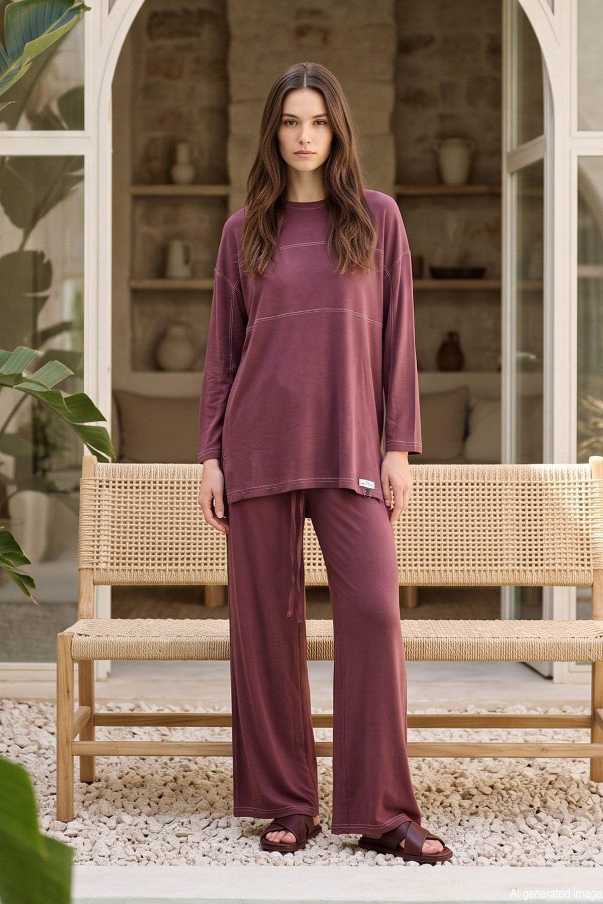 Dikiş ve Etiket Detaylı Pantolonlu Takım 26228 Mürdüm