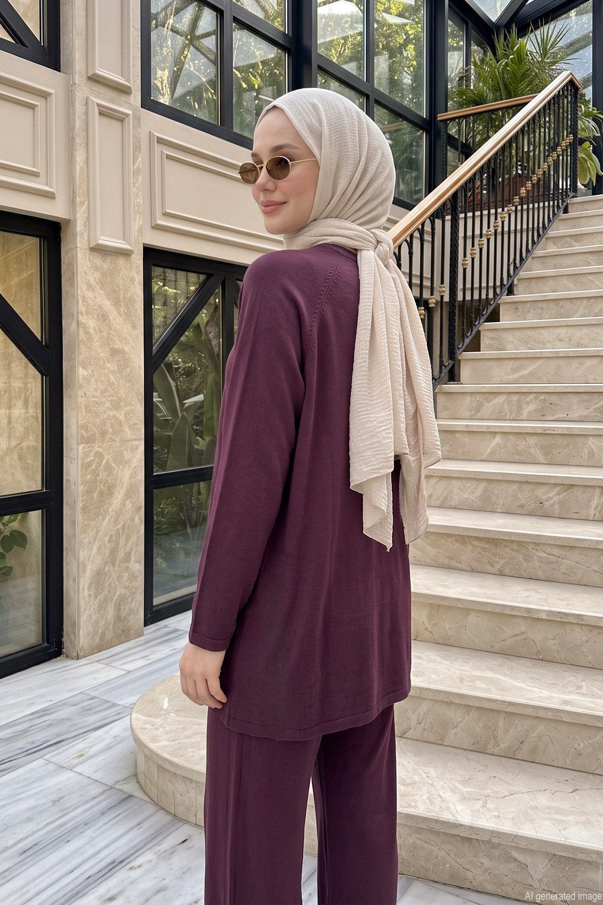 Düğme Detaylı Tunik ve Pantolon Triko Takım 706 Bordo