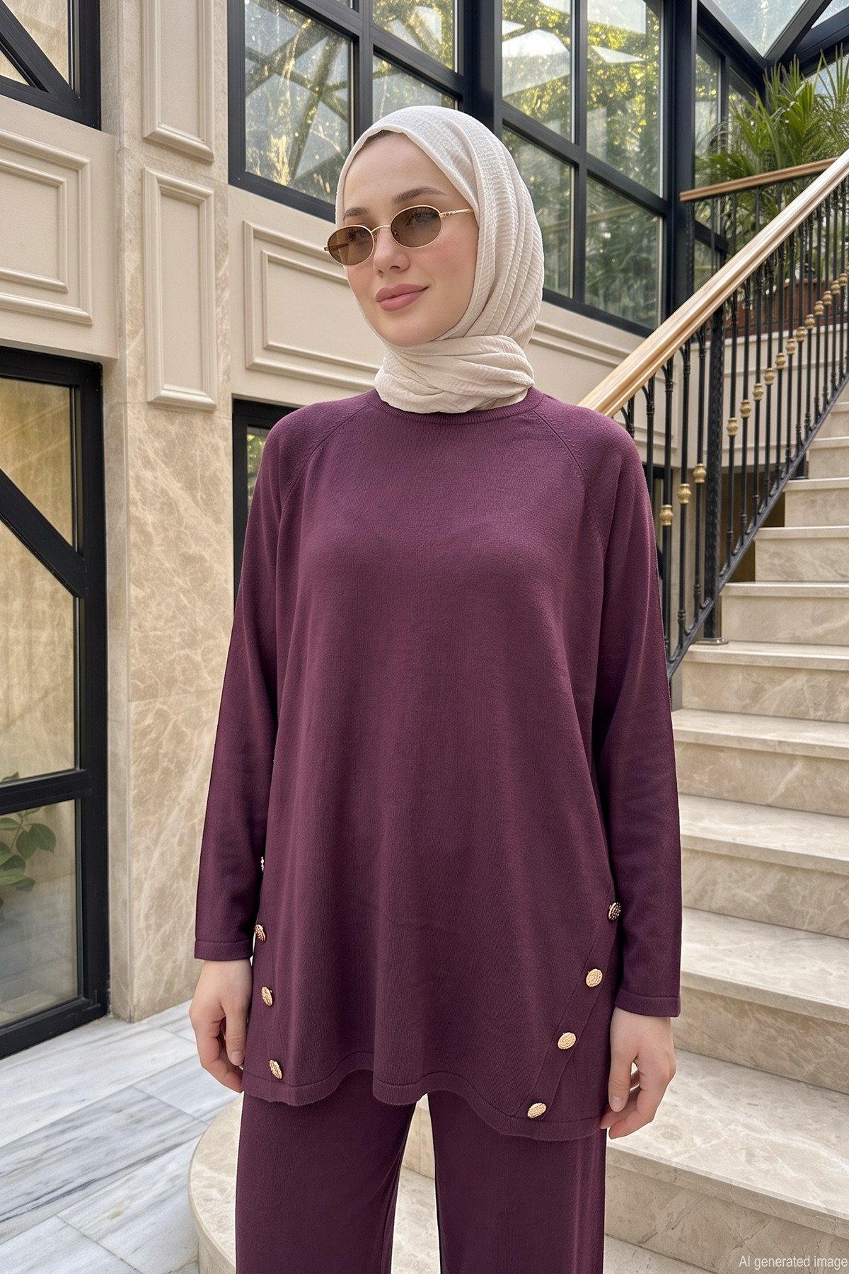 Düğme Detaylı Tunik ve Pantolon Triko Takım 706 Bordo