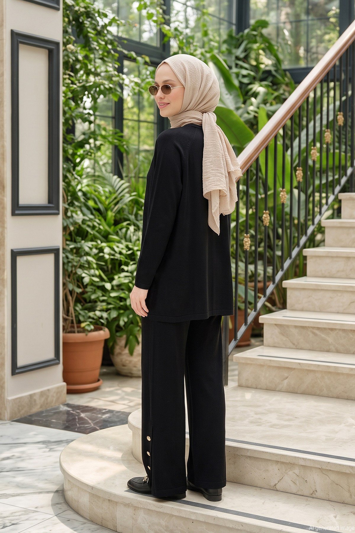 Düğme Detaylı Tunik ve Pantolon Triko Takım 706 Siyah