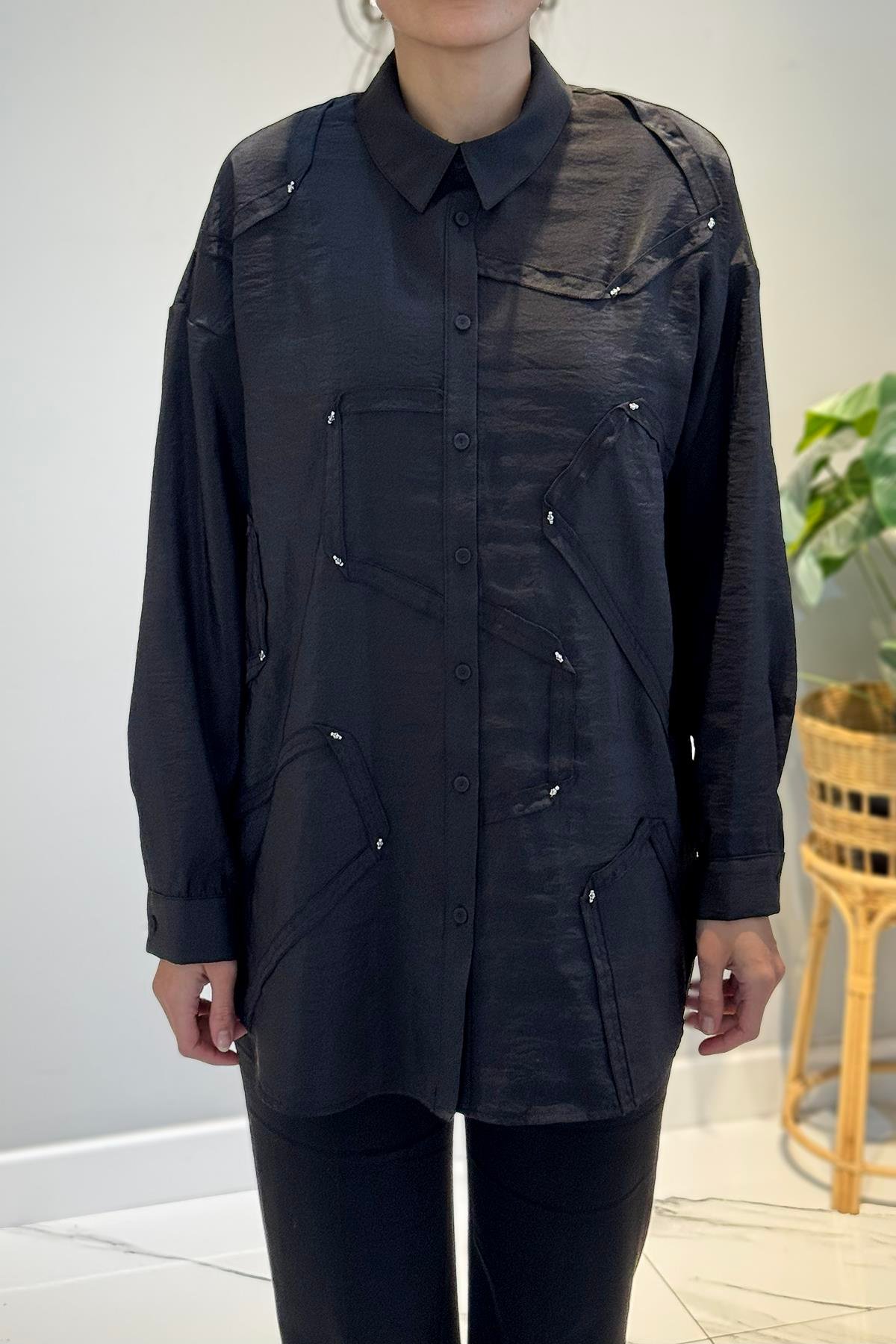 Düğme Detaylı Uzun Kol Dekoratif Dikişli Gömlek 6146 Siyah