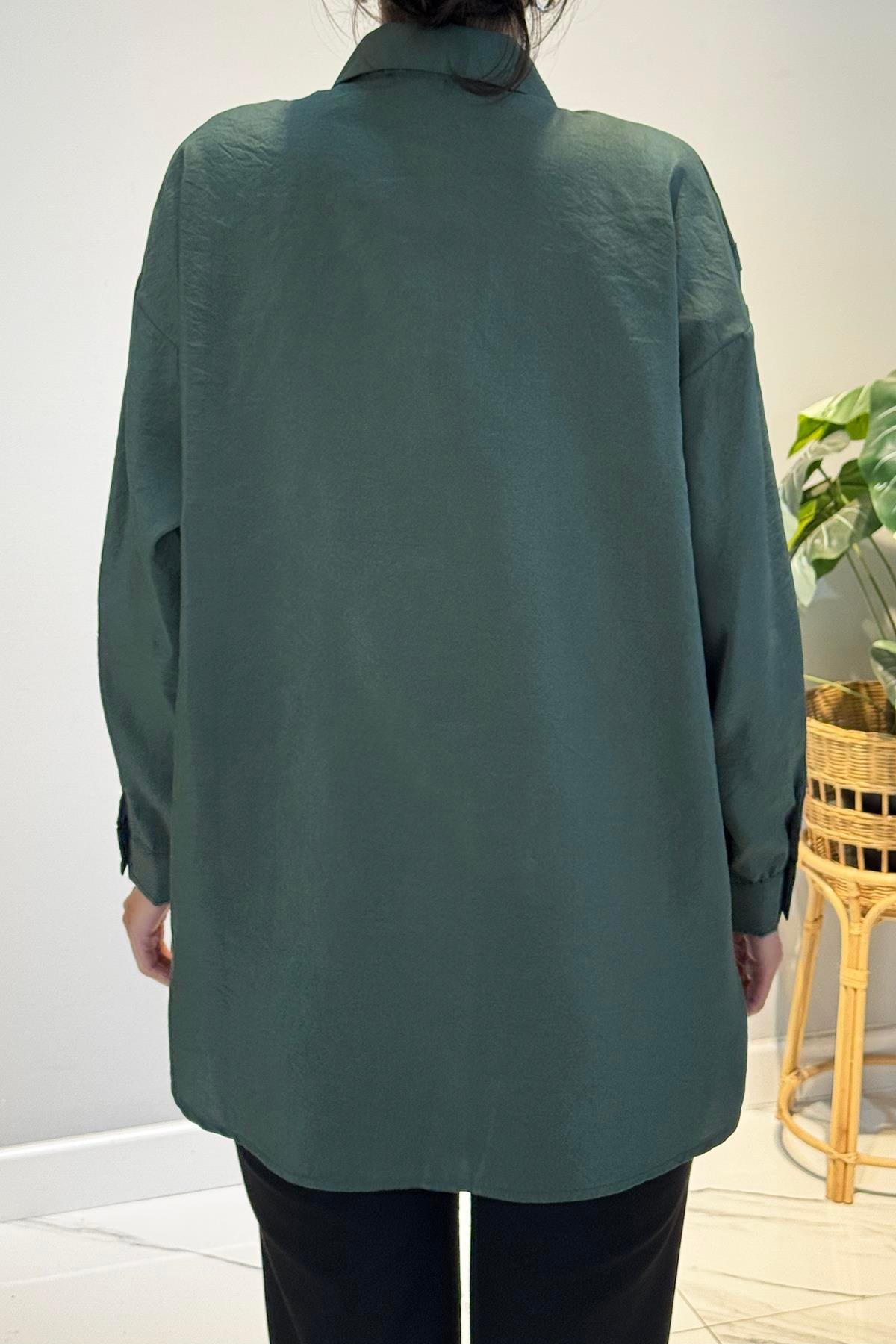 Düğme Detaylı Uzun Kol Dekoratif Dikişli Gömlek 6146 Zümrüt