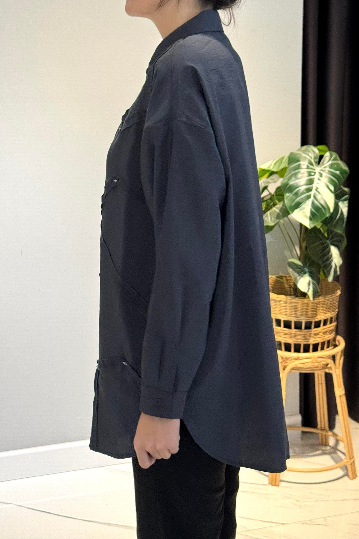 Düğme Detaylı Uzun Kol Dekoratif Dikişli Gömlek 6146 Antrasit