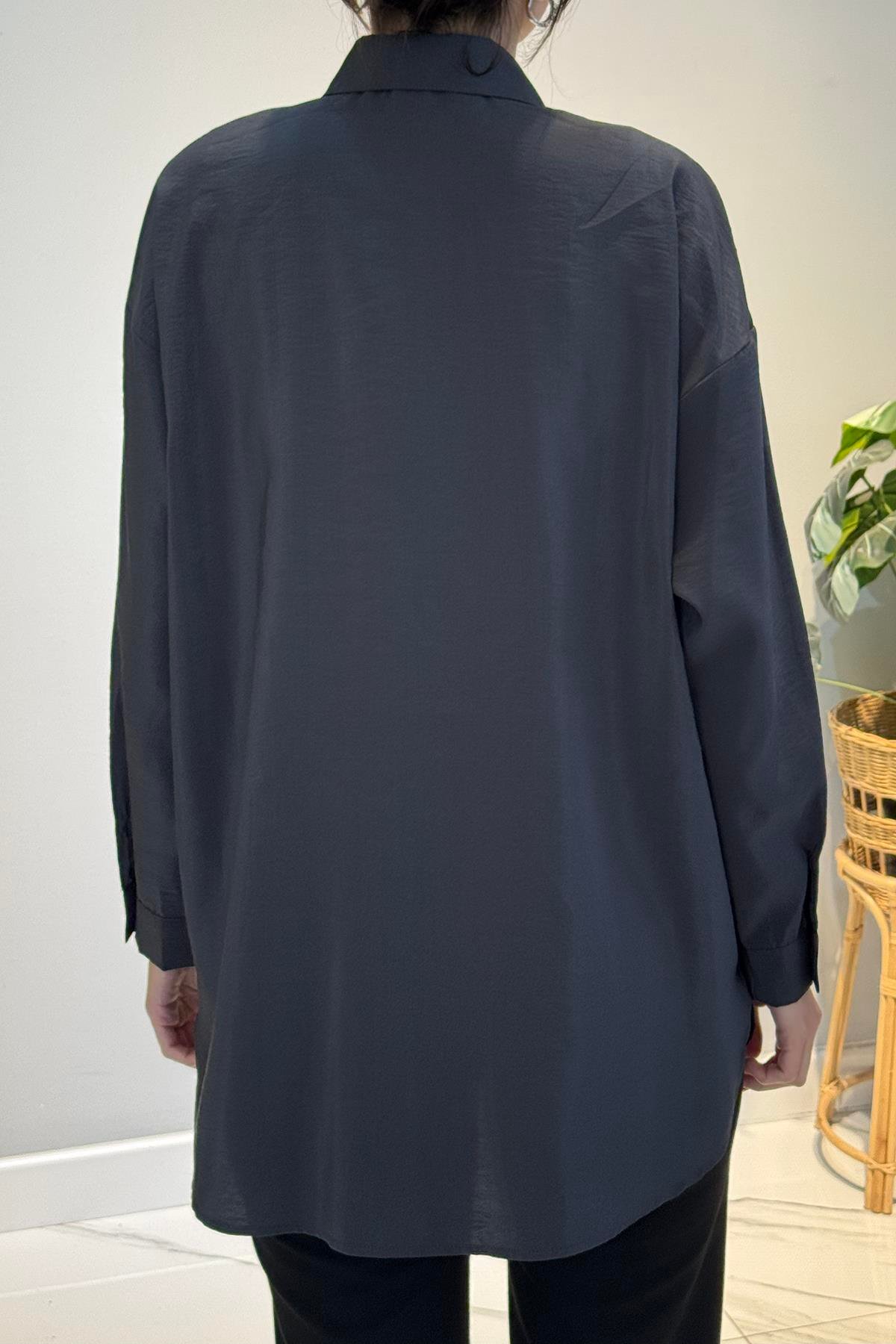 Düğme Detaylı Uzun Kol Dekoratif Dikişli Gömlek 6146 Antrasit