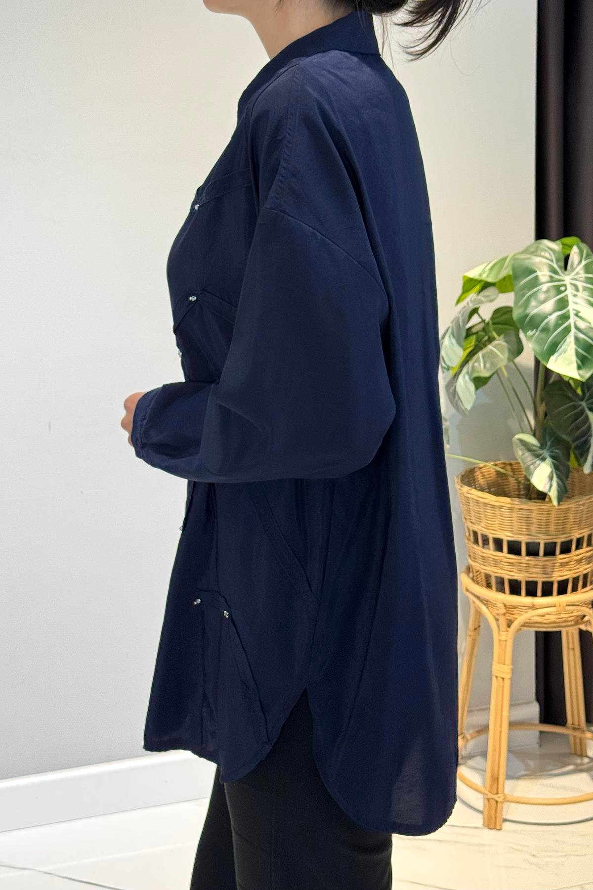 Düğme Detaylı Uzun Kol Dekoratif Dikişli Gömlek 6146 Lacivert