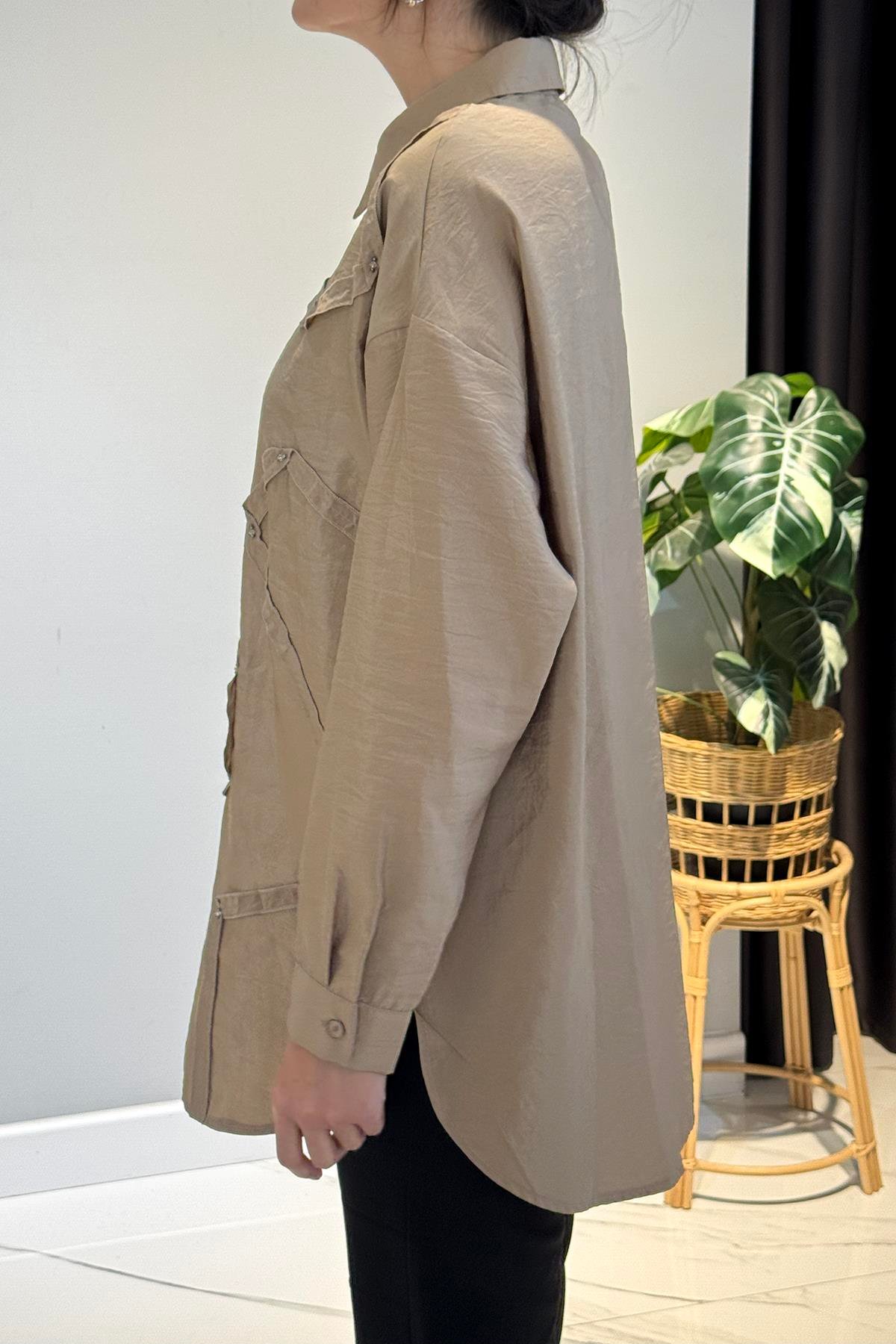 Düğme Detaylı Uzun Kol Dekoratif Dikişli Gömlek 6146 Vizon