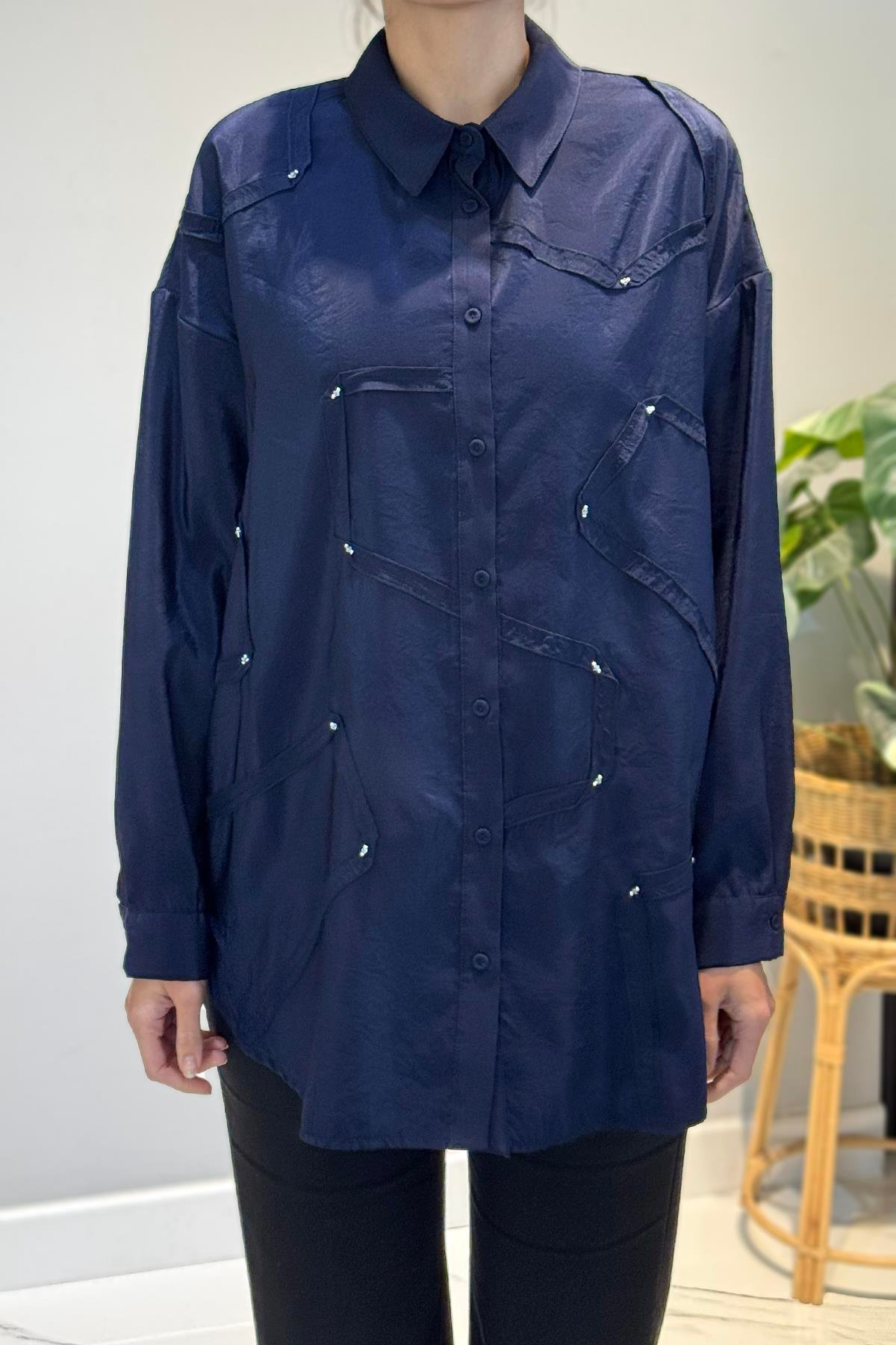 Düğme Detaylı Uzun Kol Dekoratif Dikişli Gömlek 6146 Lacivert