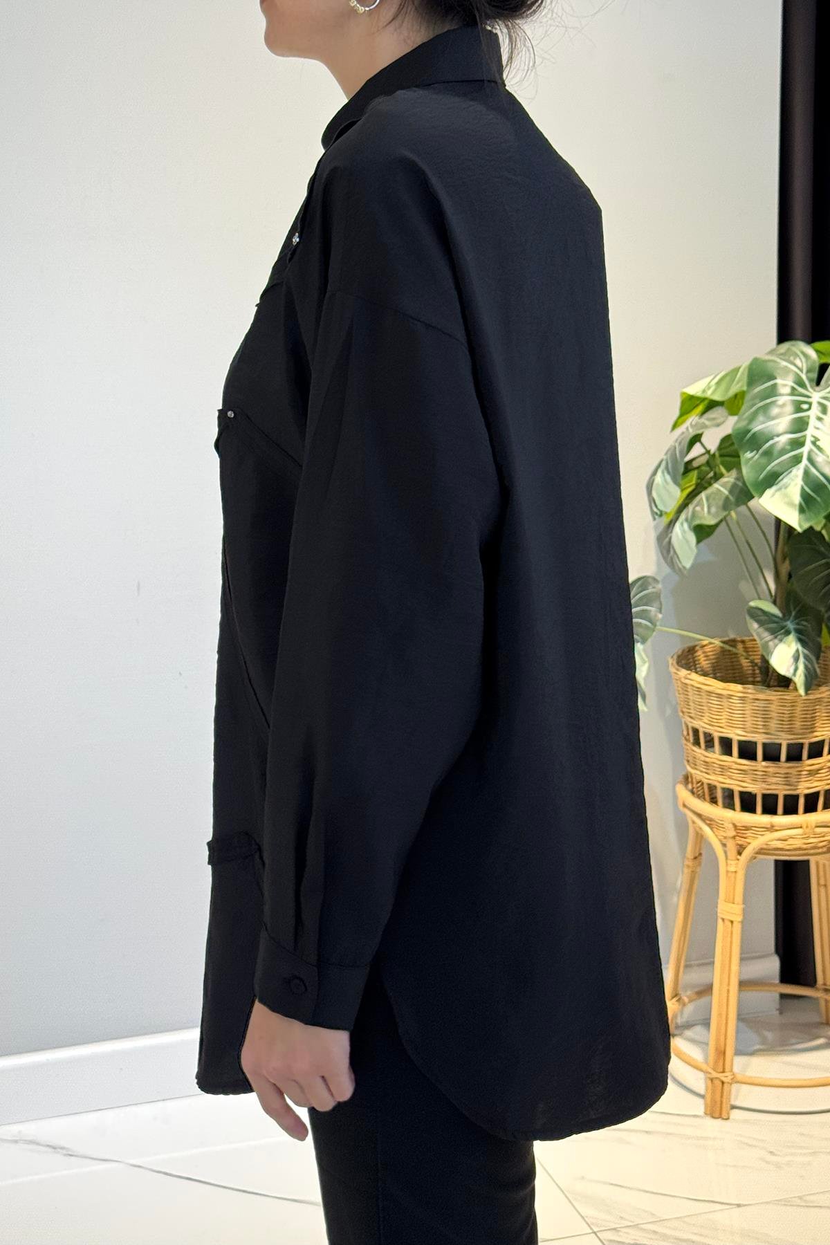 Düğme Detaylı Uzun Kol Dekoratif Dikişli Gömlek 6146 Siyah