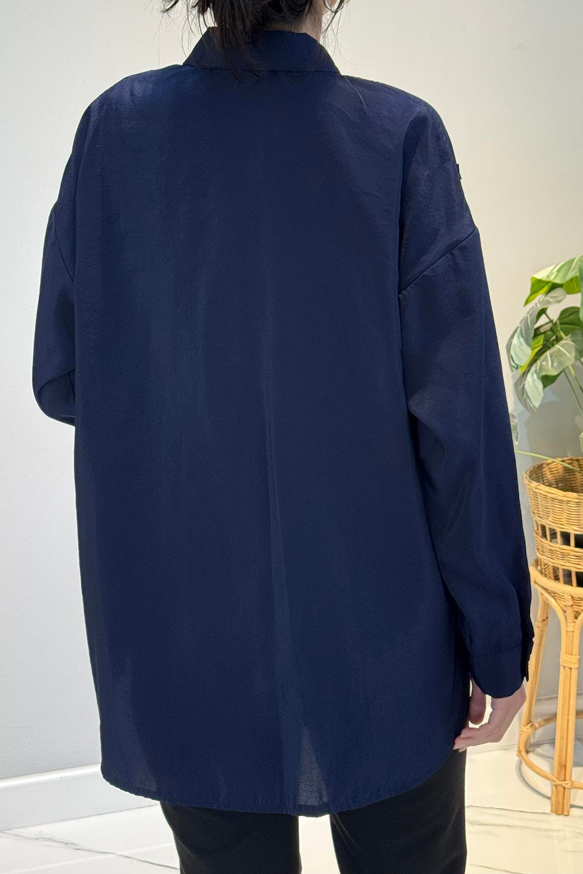 Düğme Detaylı Uzun Kol Dekoratif Dikişli Gömlek 6146 Lacivert