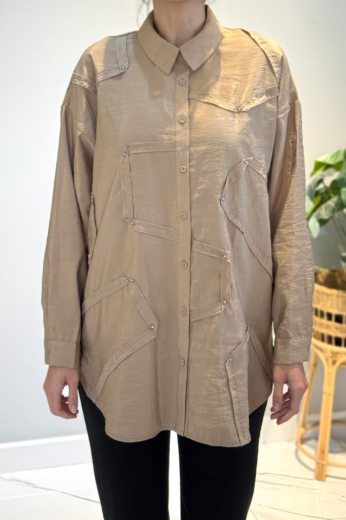 Düğme Detaylı Uzun Kol Dekoratif Dikişli Gömlek 6146 Vizon