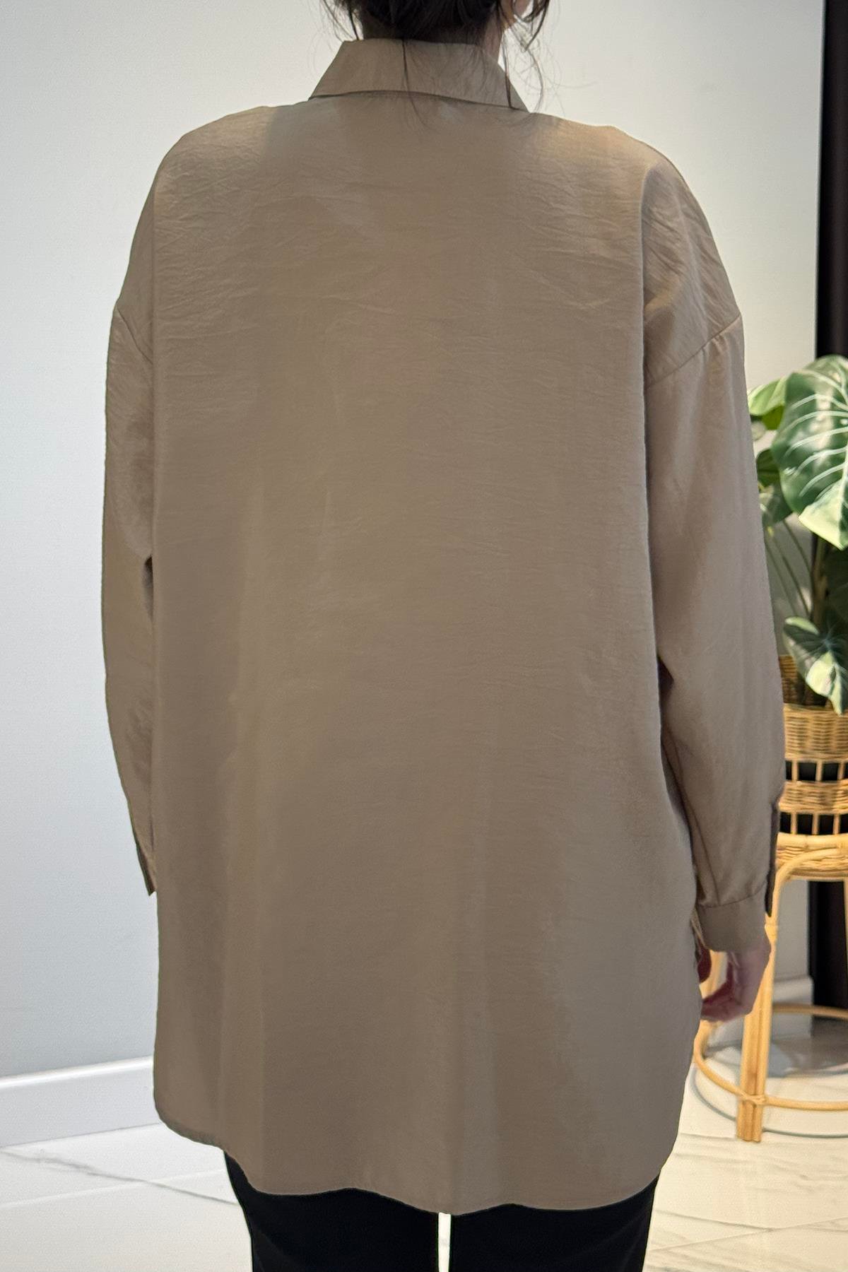 Düğme Detaylı Uzun Kol Dekoratif Dikişli Gömlek 6146 Vizon