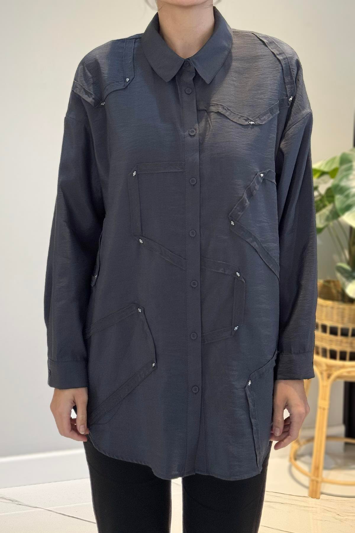 Düğme Detaylı Uzun Kol Dekoratif Dikişli Gömlek 6146 Antrasit