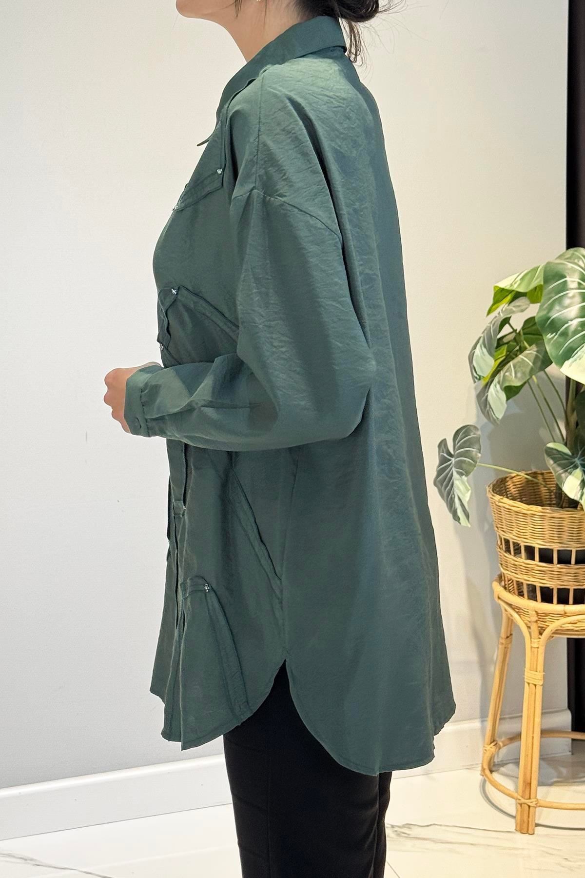 Düğme Detaylı Uzun Kol Dekoratif Dikişli Gömlek 6146 Zümrüt