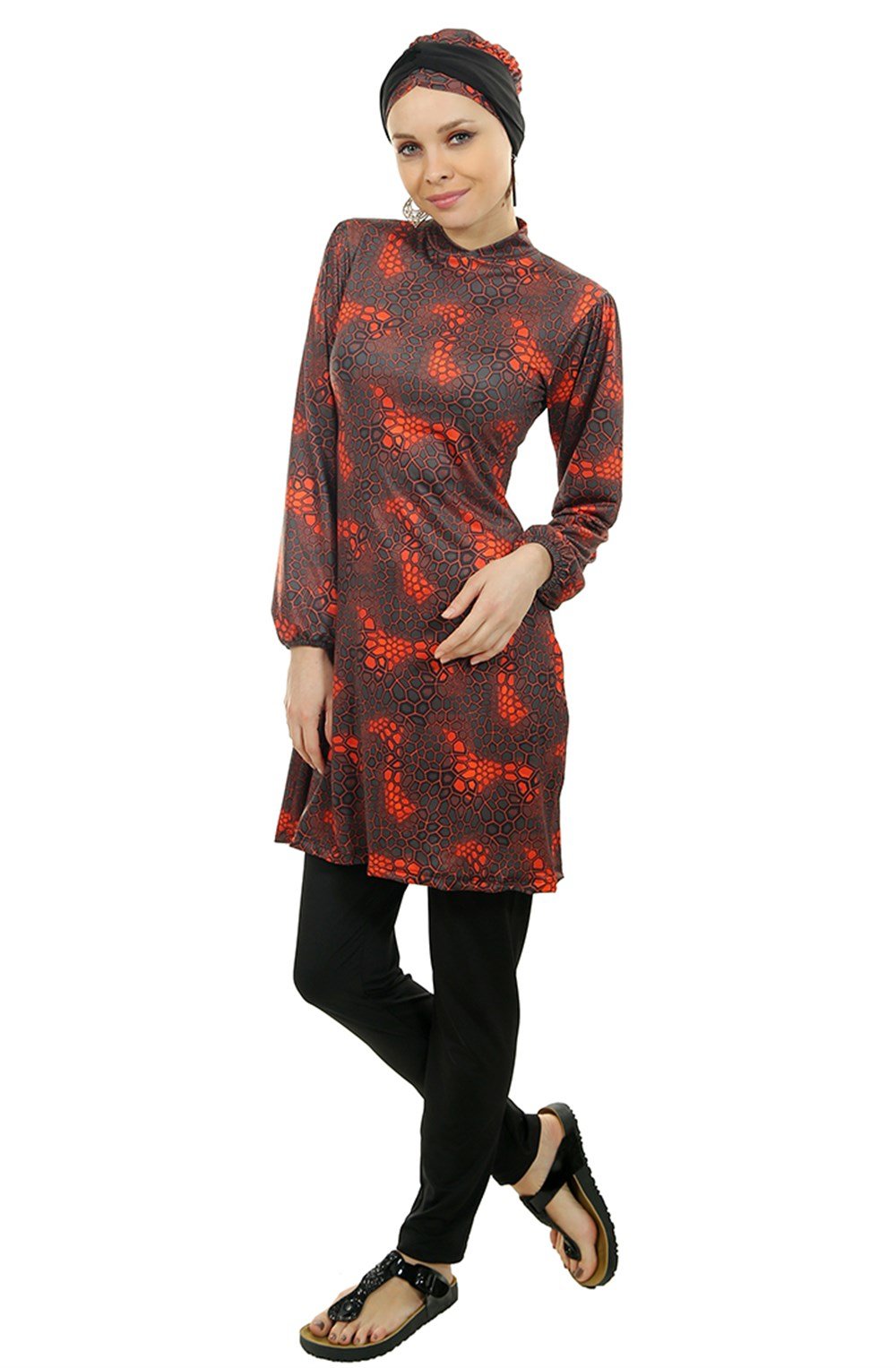 Emayo Likralı Tam Kapalı Tesettür Mayo Desenli 2005 Mehtap Petek Kırmızı