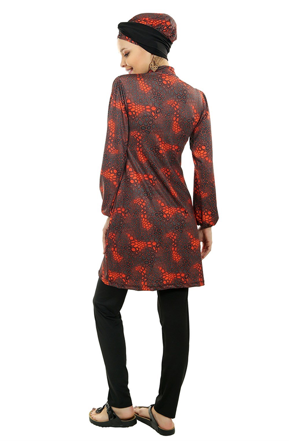 Emayo Likralı Tam Kapalı Tesettür Mayo Desenli 2005 Mehtap Petek Kırmızı