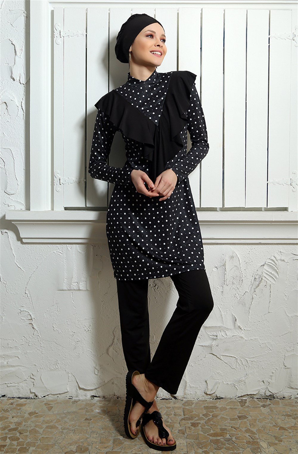 Emayo Likralı Tam Kapalı Tesettür Mayo Melike Benekli Puantiyeli