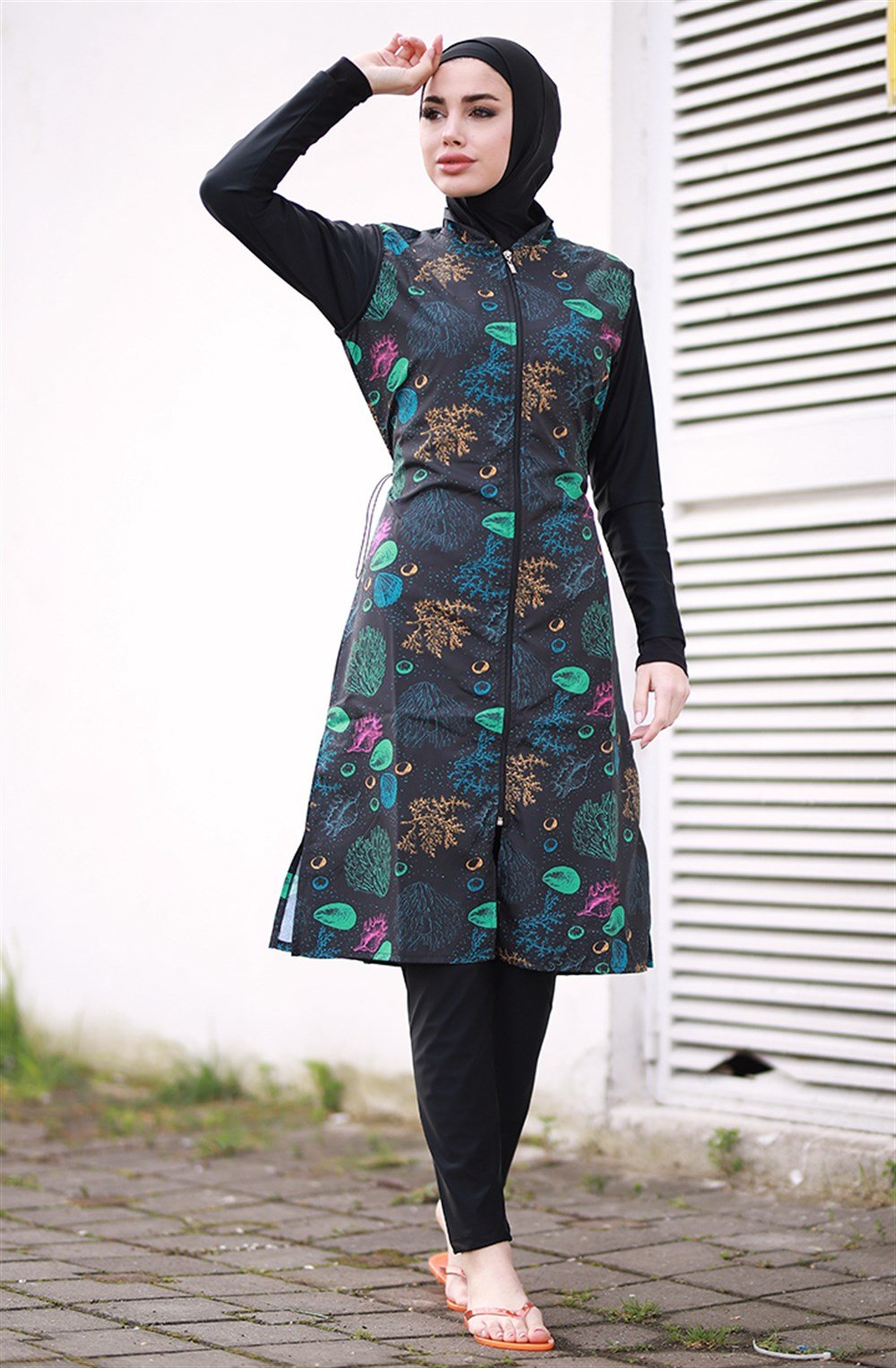Emayo Tam Kapalı Tesettür Mayo Deniz Mayosu 2002 Emel Midye Desenli SİYAH