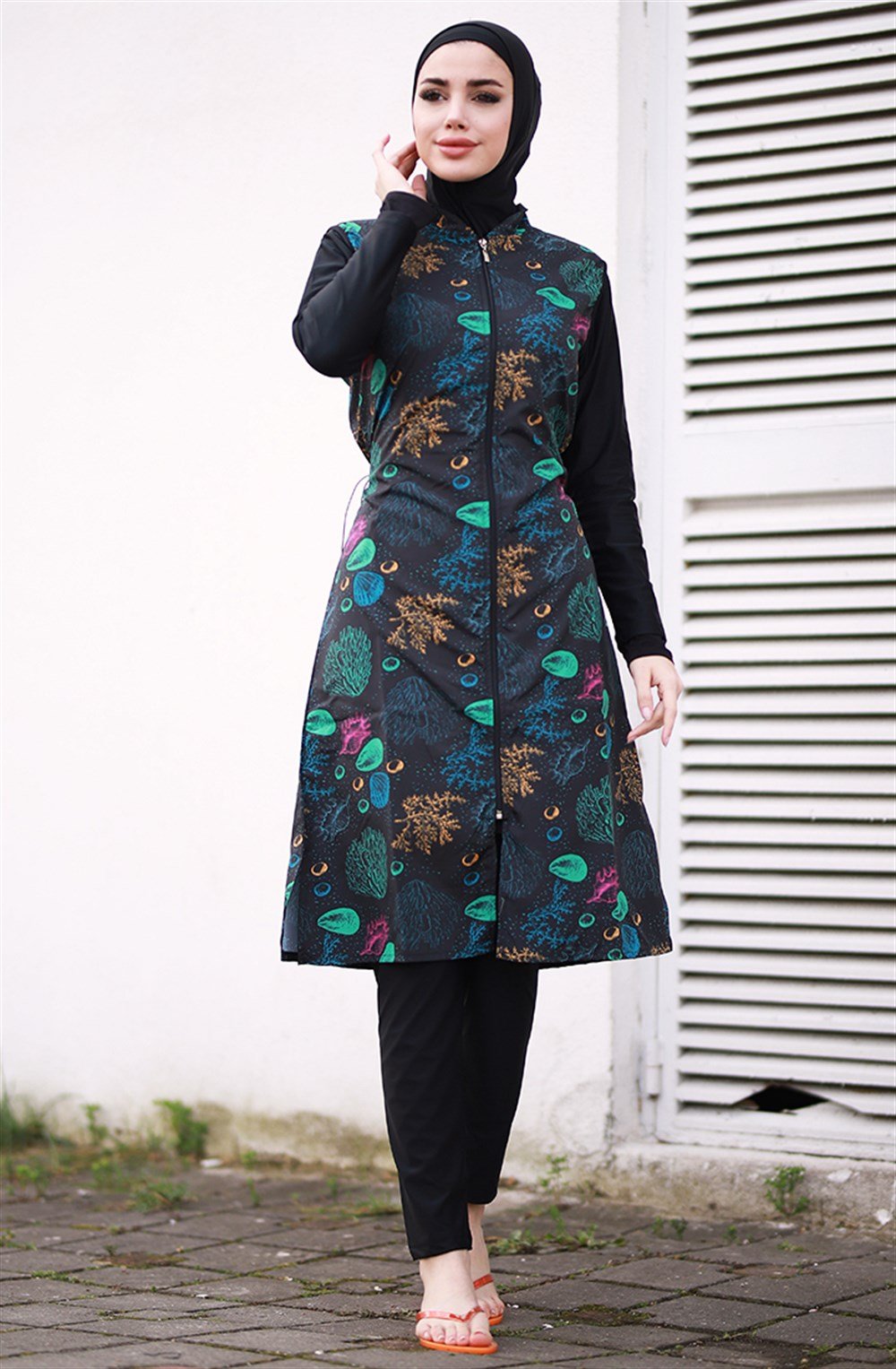 Emayo Tam Kapalı Tesettür Mayo Deniz Mayosu 2002 Emel Midye Desenli SİYAH