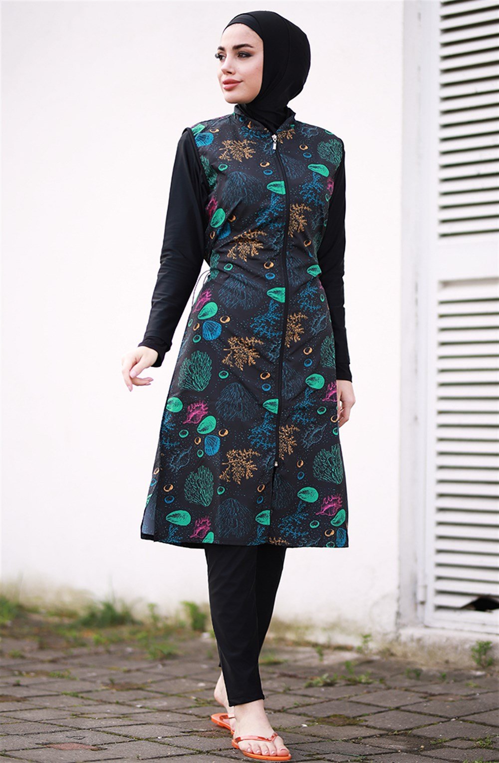 Emayo Tam Kapalı Tesettür Mayo Deniz Mayosu 2002 Emel Midye Desenli SİYAH
