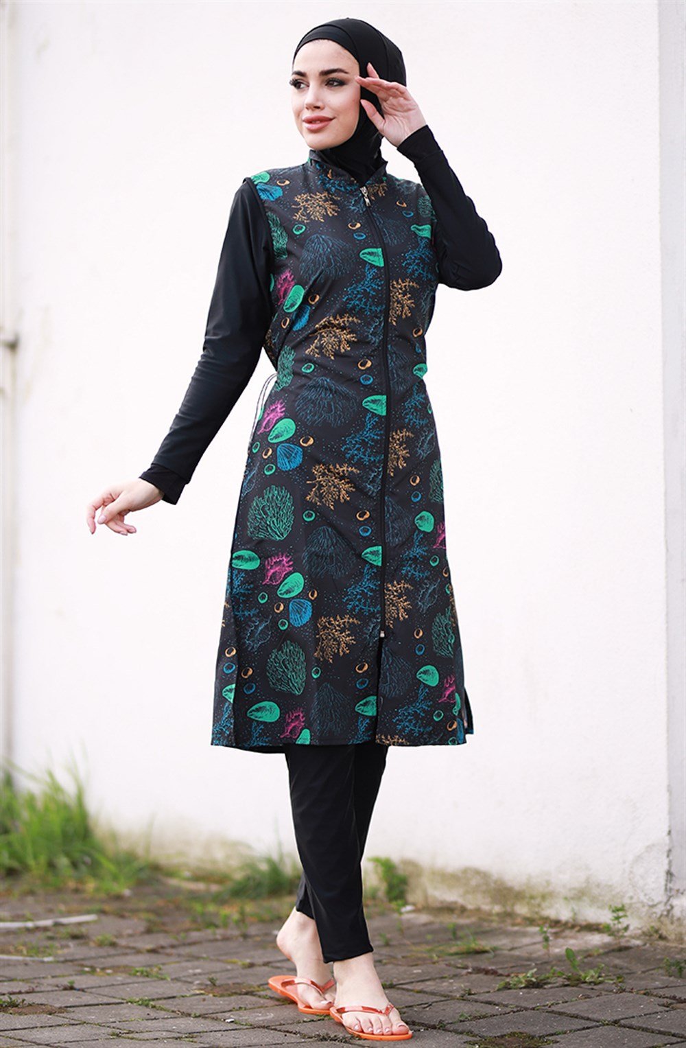 Emayo Tam Kapalı Tesettür Mayo Deniz Mayosu 2002 Emel Midye Desenli SİYAH