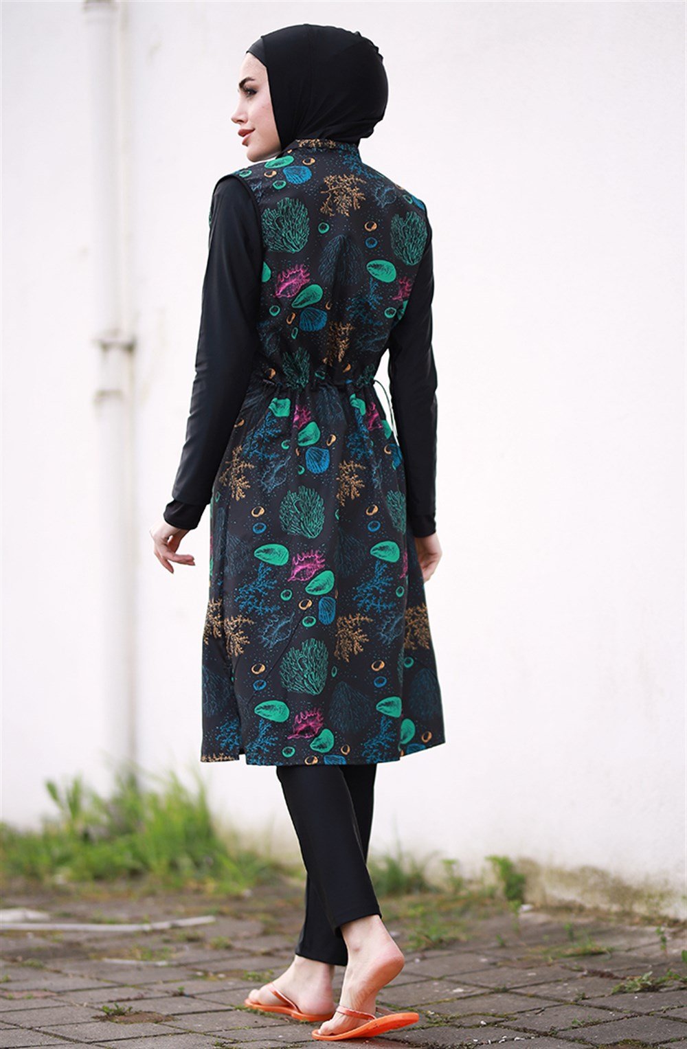 Emayo Tam Kapalı Tesettür Mayo Deniz Mayosu 2002 Emel Midye Desenli SİYAH