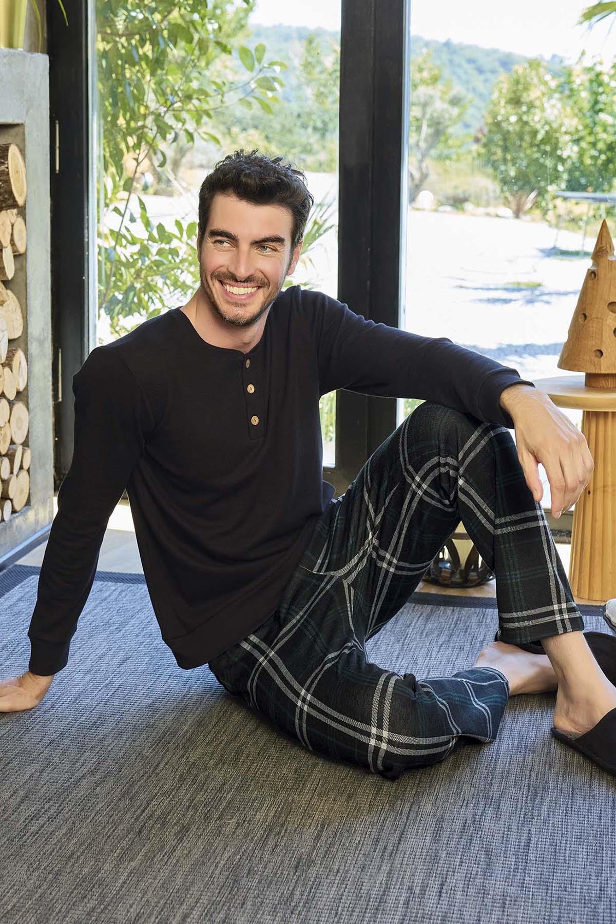 Erkek Aydoğan Pamuklu Waffle Pijama Takımı 240761 Siyah