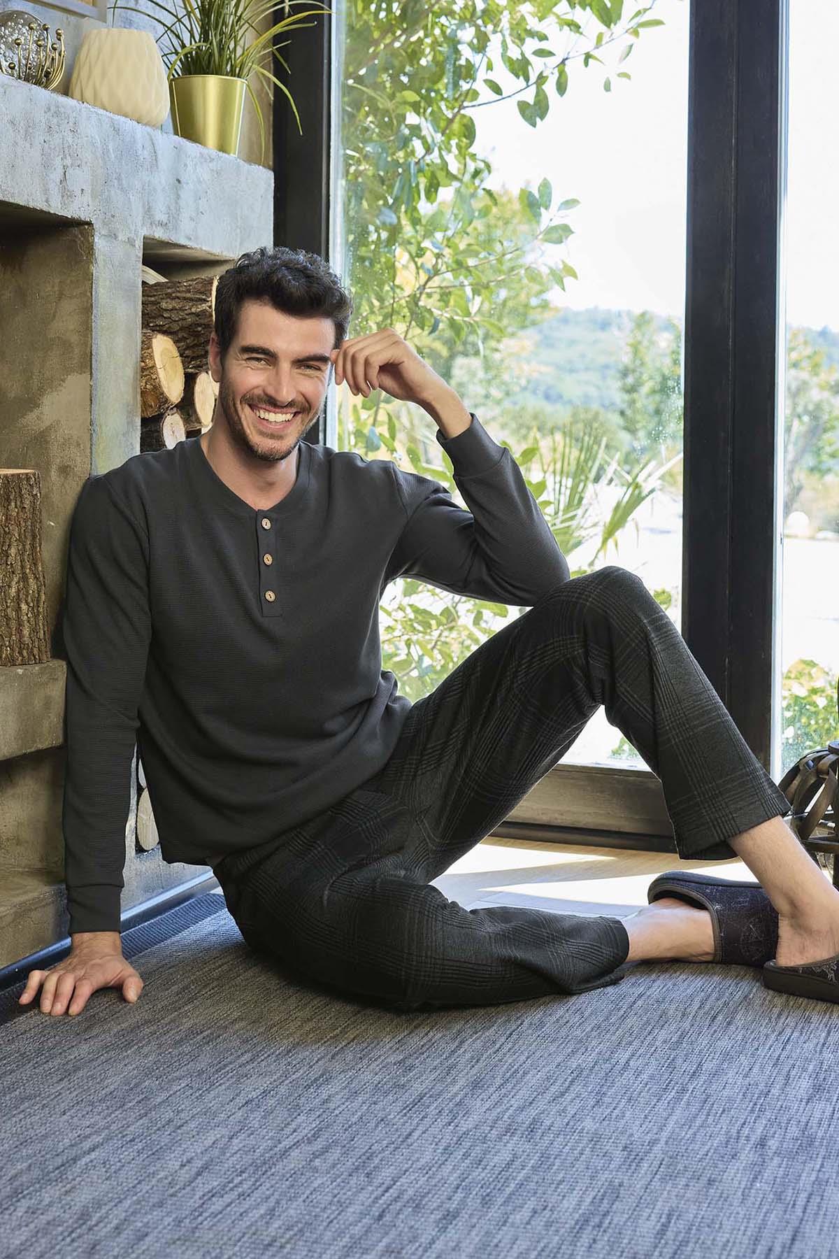 Erkek Aydoğan Pamuklu Waffle Pijama Takımı 240756 Antrasit