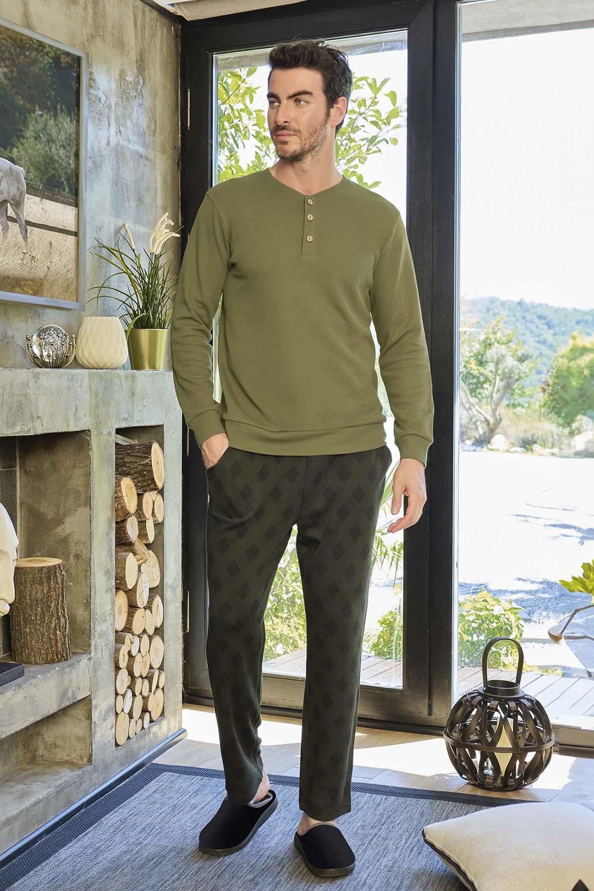 Erkek Aydoğan Pamuklu Waffle Pijama Takımı 240763 Haki