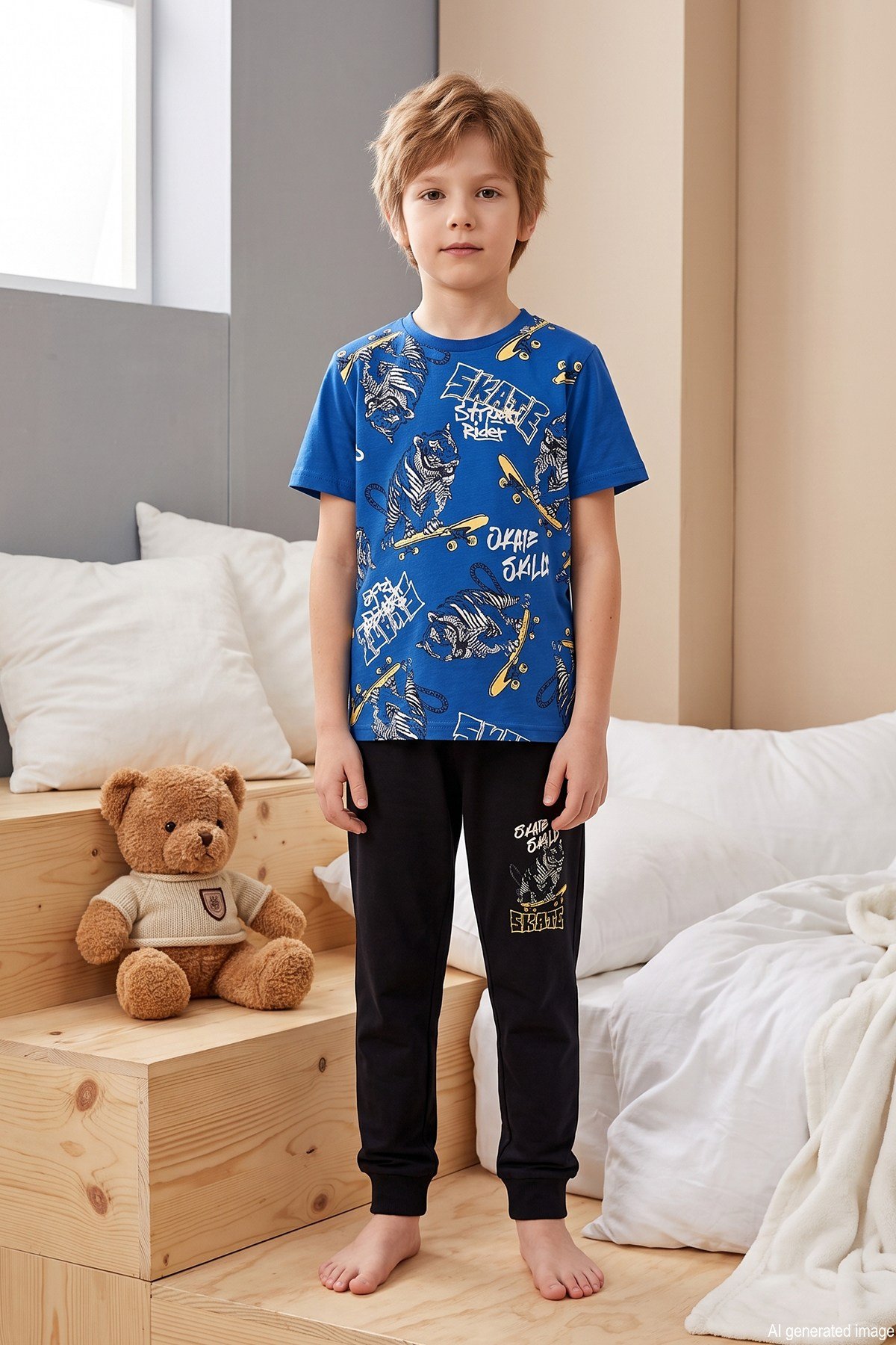 Erkek Çocuk Kısa Kol Penye Pijama Takımı 3973 Saks