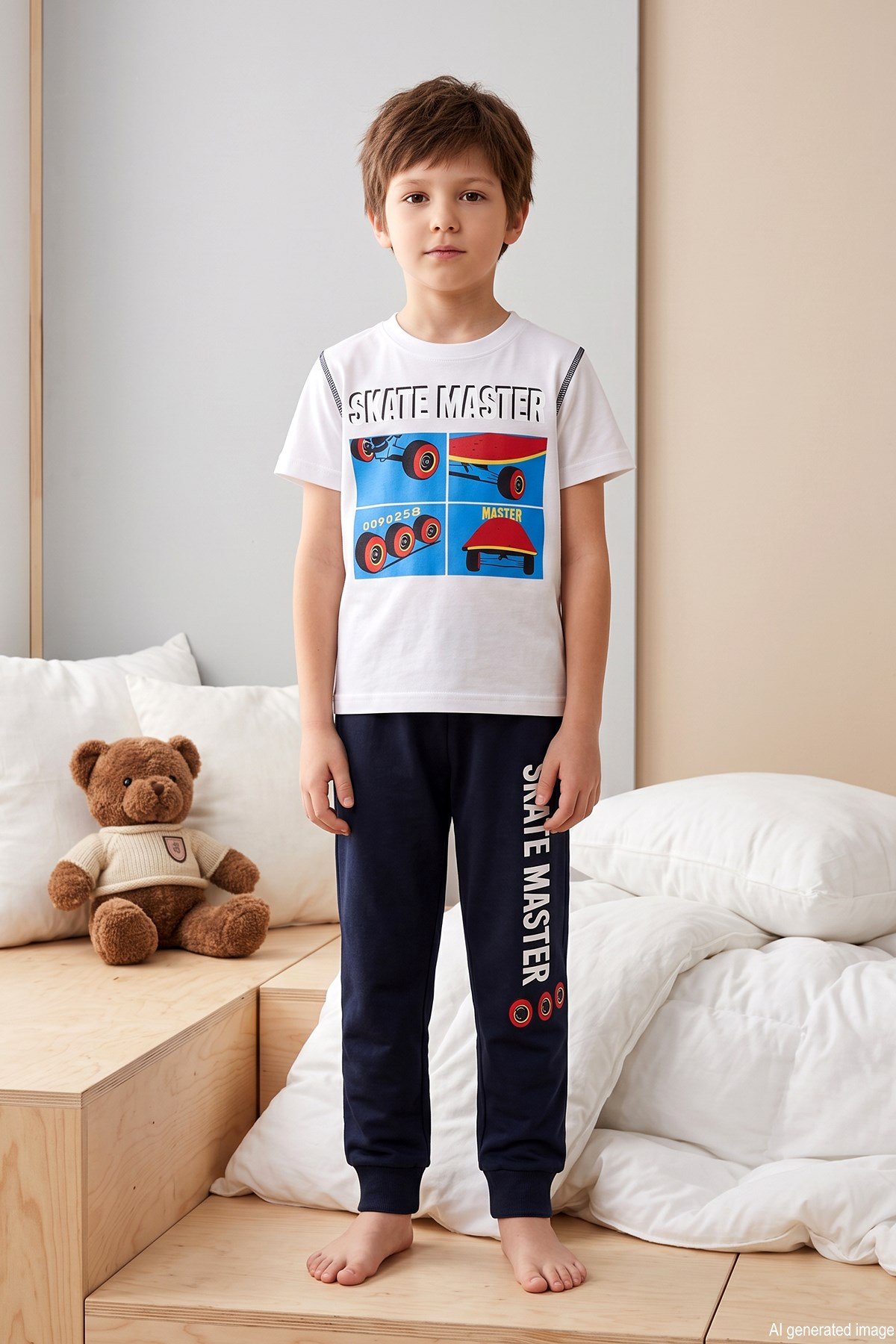 Erkek Çocuk Kısa Kol Penye Pijama Takımı 4269 Bej03
