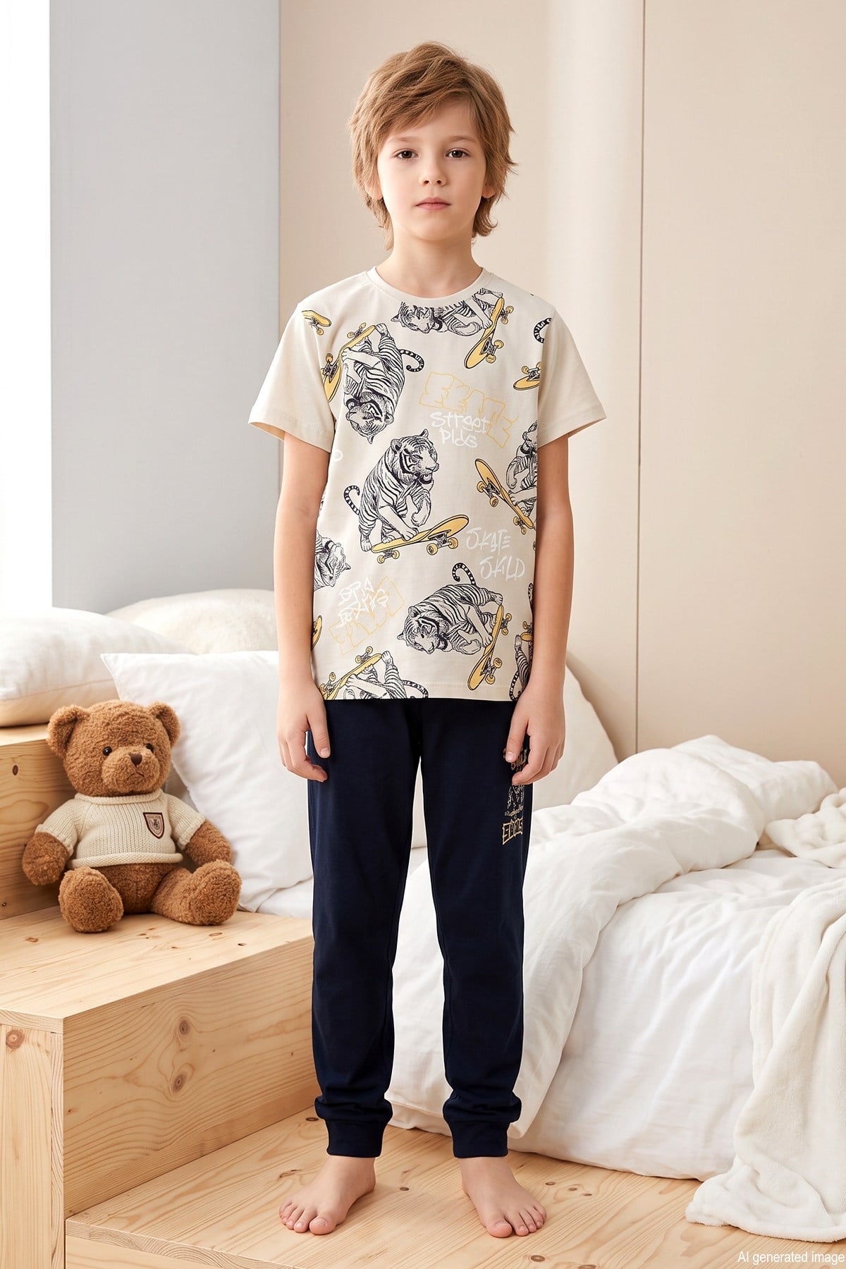 Erkek Çocuk Kısa Kol Penye Pijama Takımı 3973 Bej