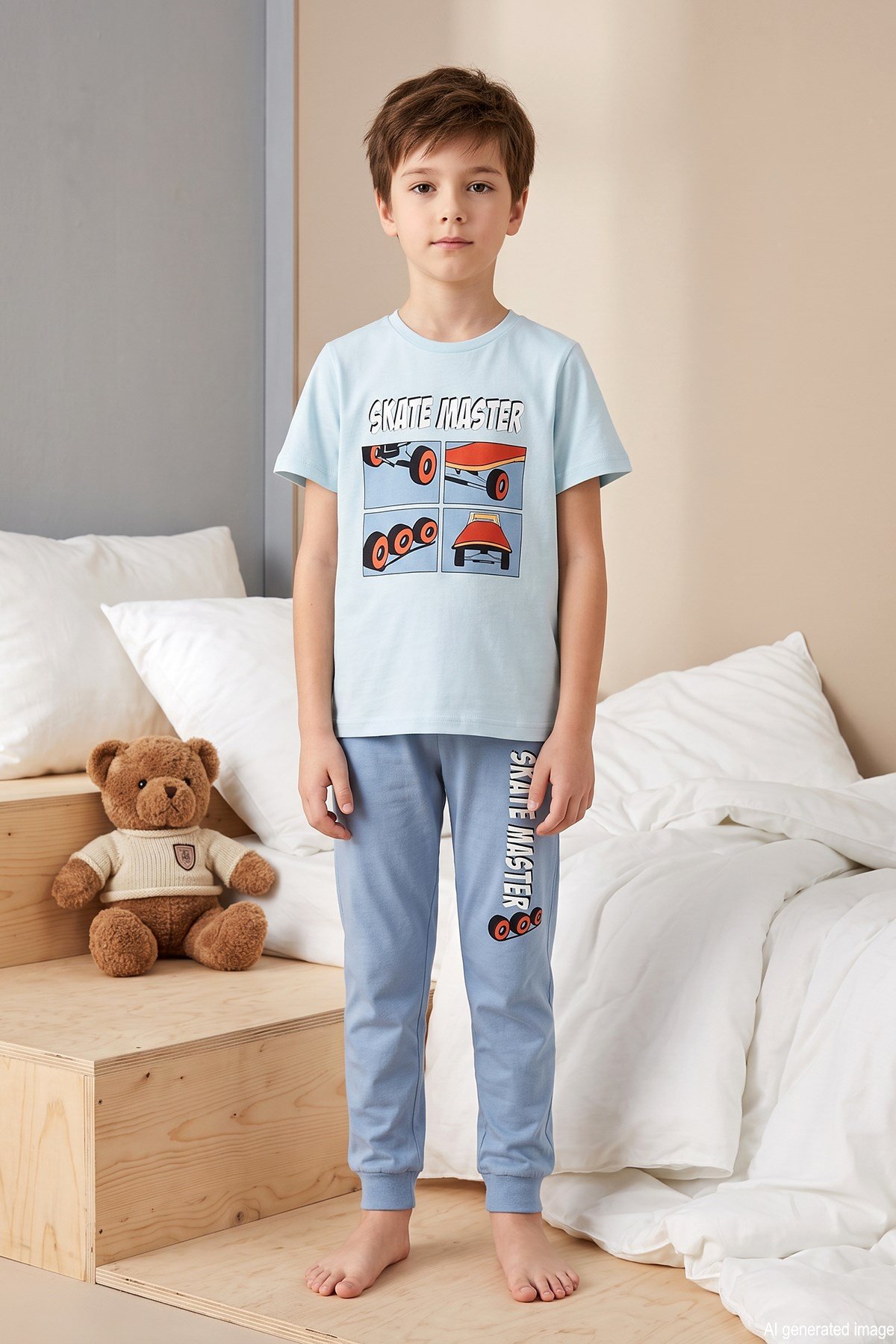 Erkek Çocuk Kısa Kol Penye Pijama Takımı 4269 Mavi