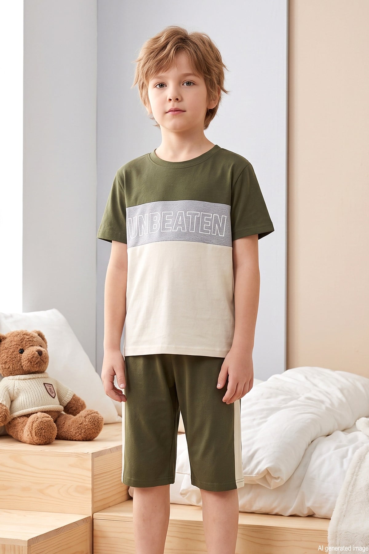 Erkek Çocuk Kısa Kol Şortlu Penye Pijama Takımı 4312 Haki01