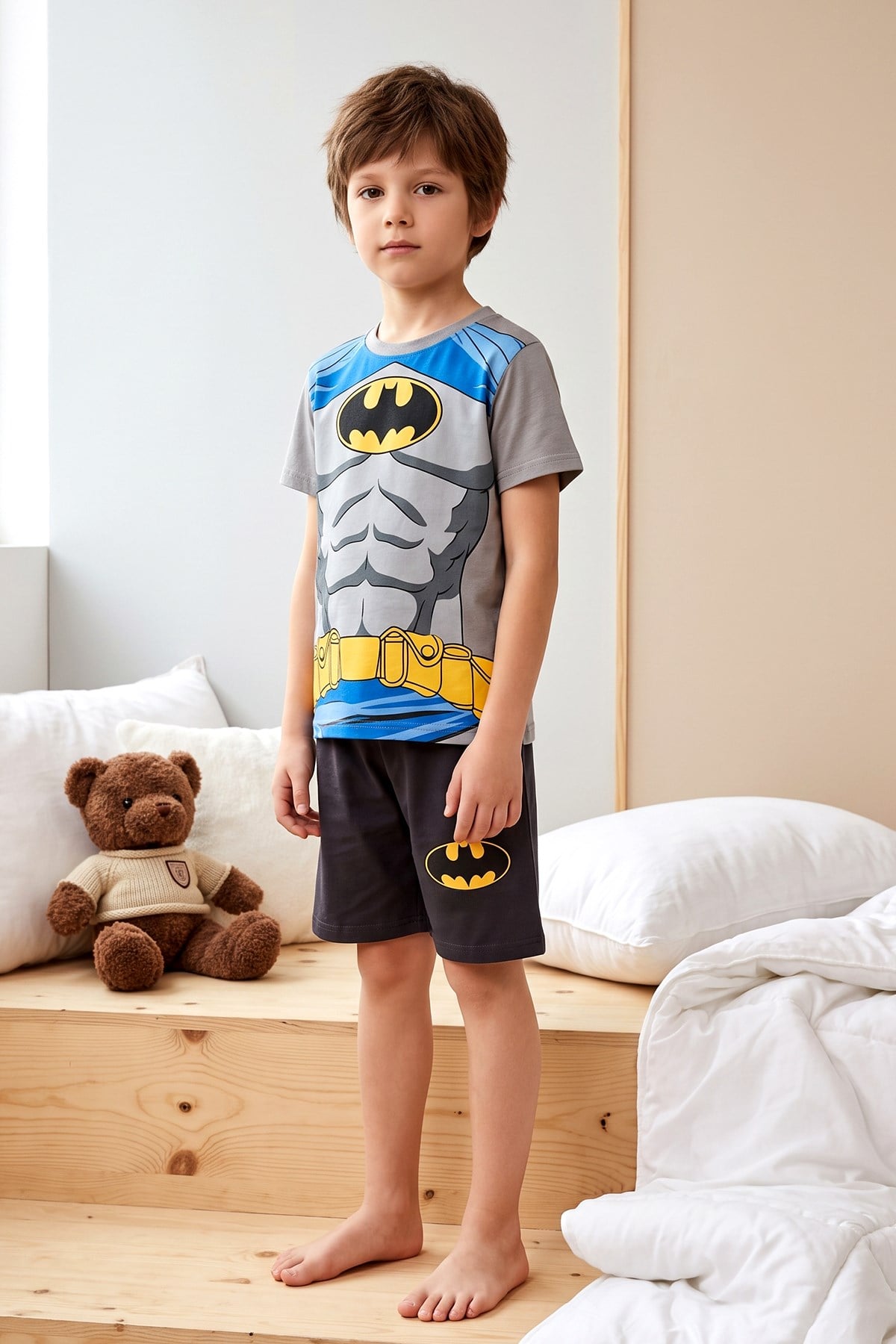 Erkek Çocuk Kısa Kol Şortlu Penye Pijama Takımı 3986 Antrasit