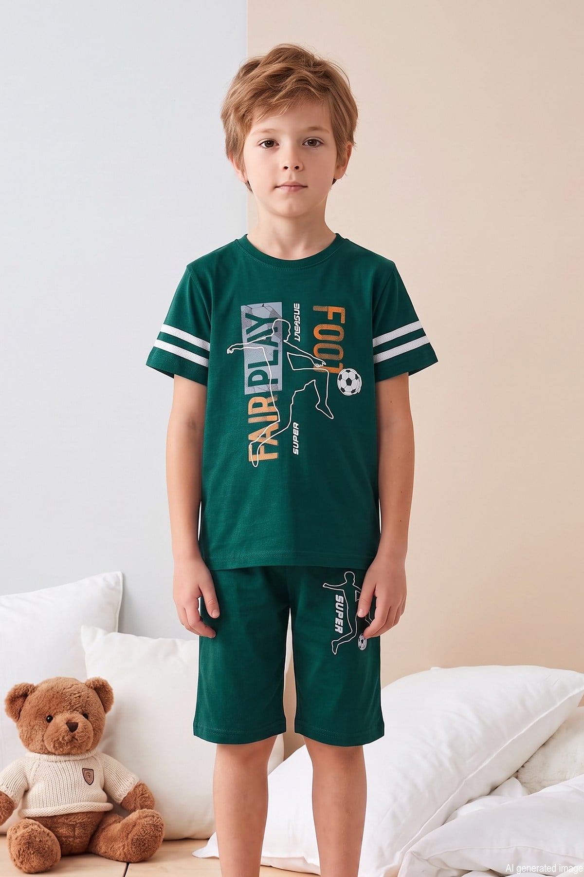 Erkek Çocuk Kısa Kol Şortlu Penye Pijama Takımı 4245 Zümrüt01