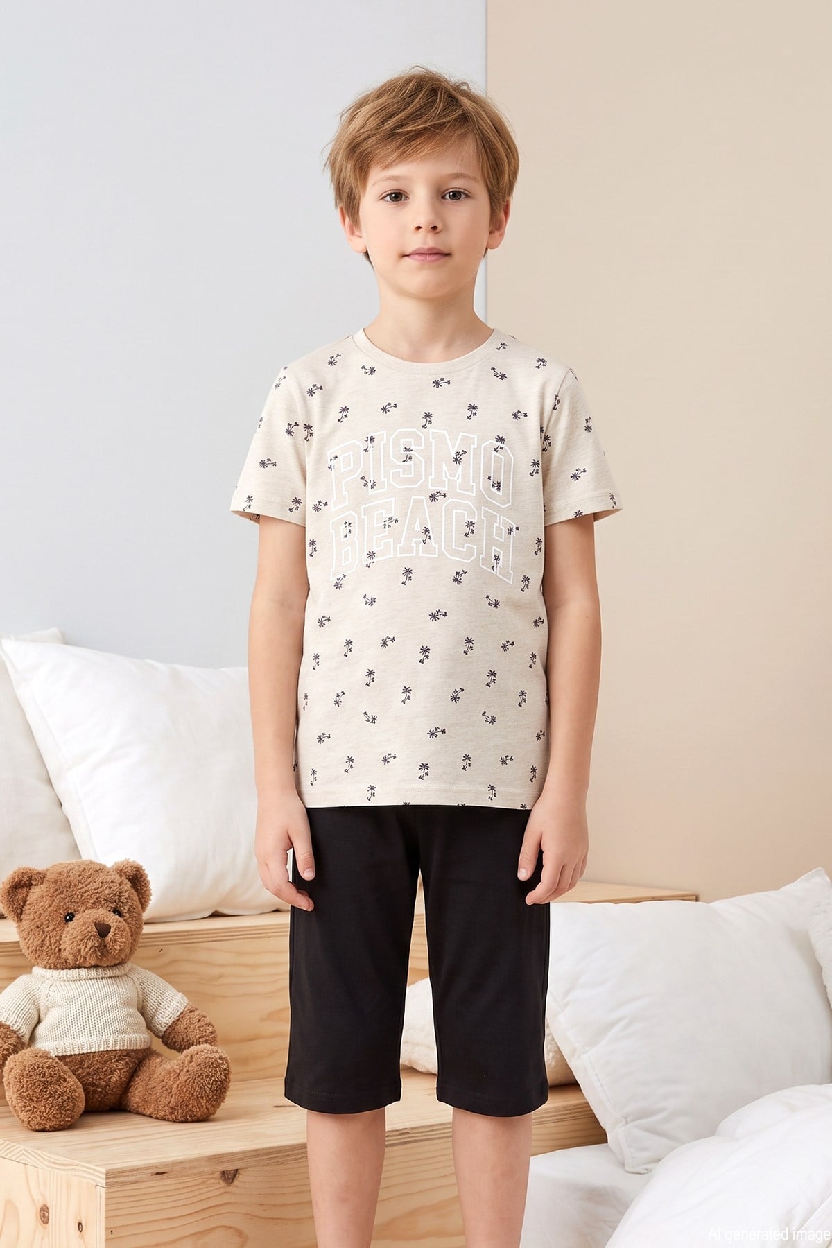 Erkek Çocuk Kısa Kol Şortlu Penye Pijama Takımı 4310 Bej