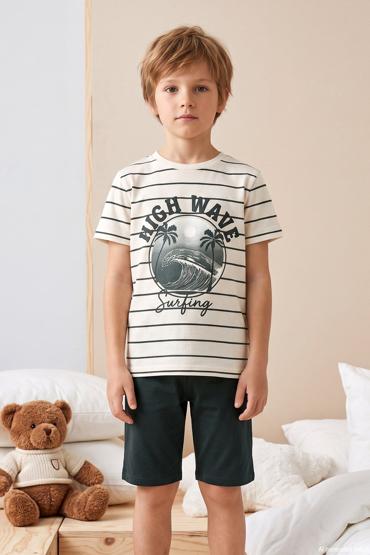 Erkek Çocuk Kısa Kol Şortlu Penye Pijama Takımı 4279 Haki
