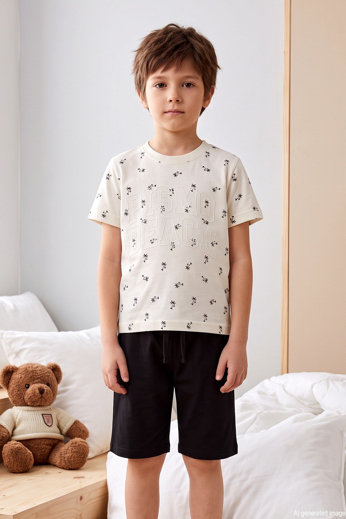 Erkek Çocuk Kısa Kol Şortlu Penye Pijama Takımı 4310 Ekru