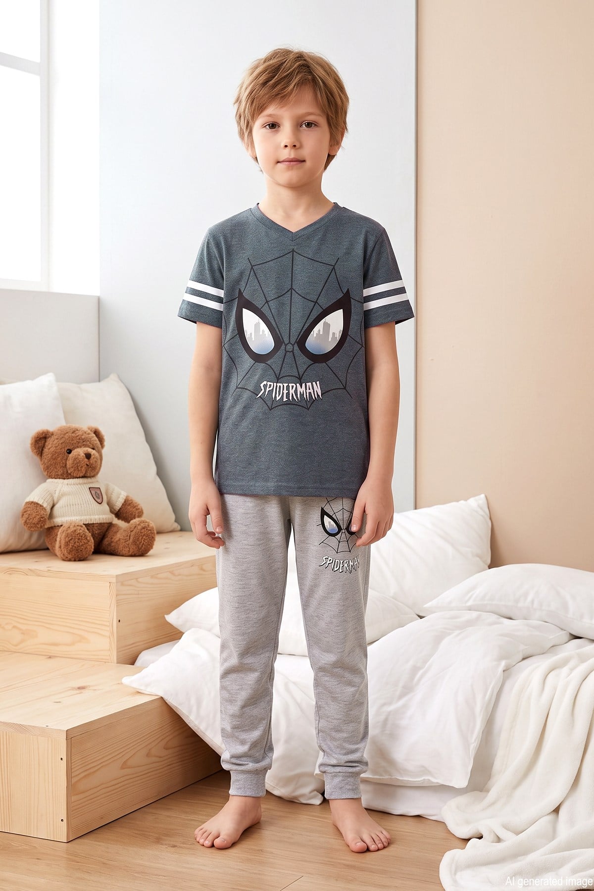 Erkek Çocuk Kısa Kol Şortlu Penye Pijama Takımı 4305 İndigo