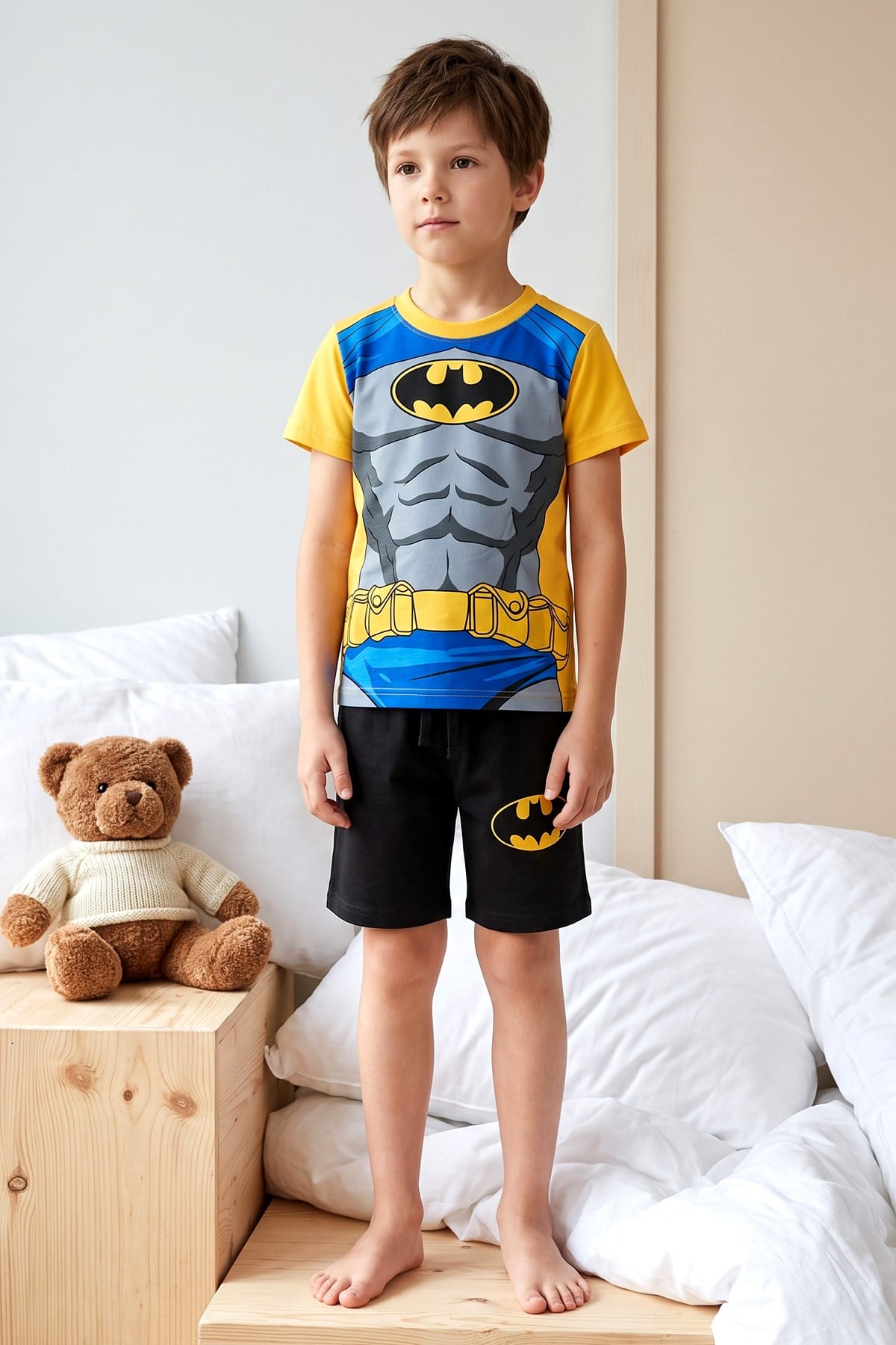 Erkek Çocuk Kısa Kol Şortlu Penye Pijama Takımı 3986 Sarı01