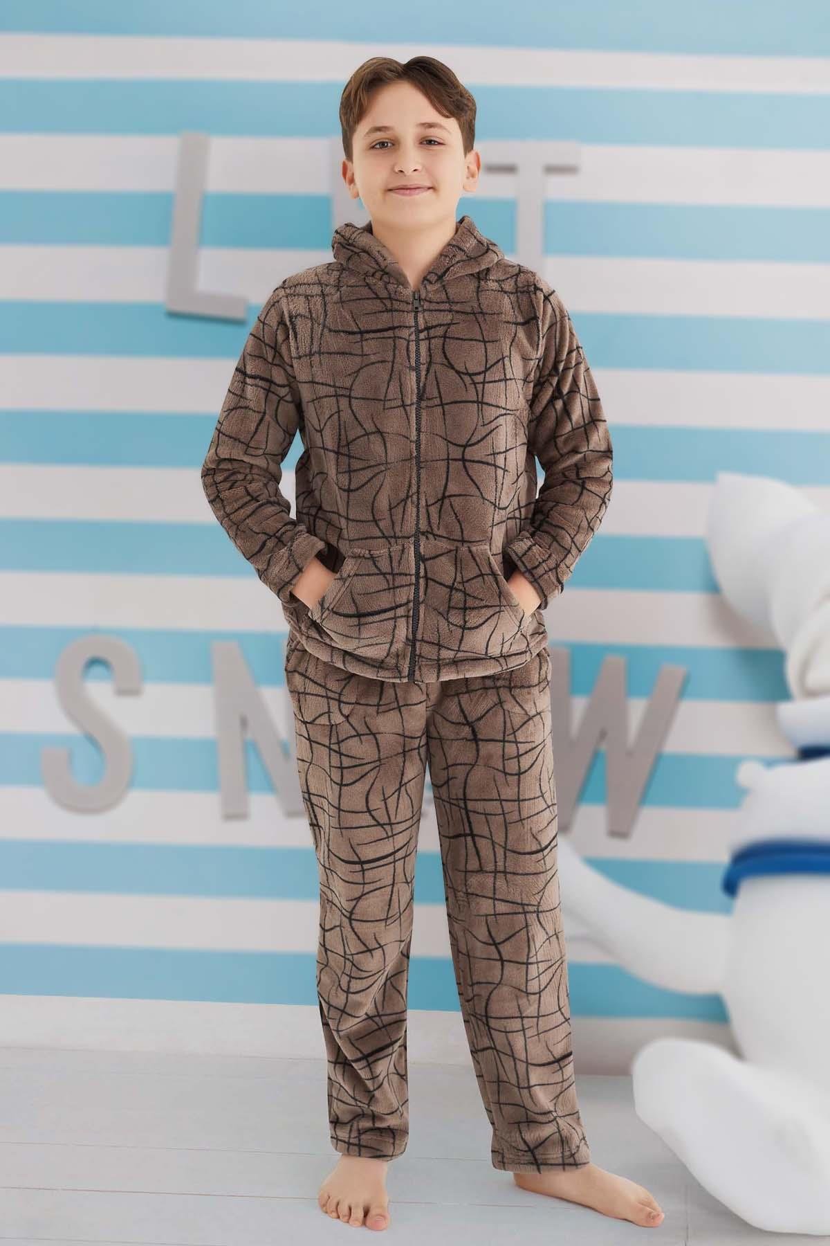 Erkek Çocuk Polar Pijama Takımı 240520 Kahverengi