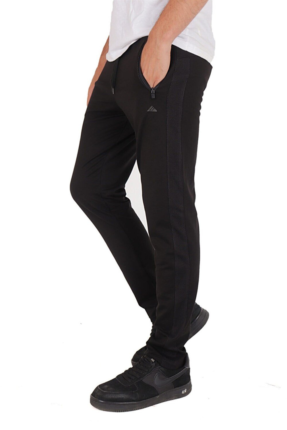 Erkek Eşofman altı petek doku şeritli 3 fermuarlı M9701 Siyah