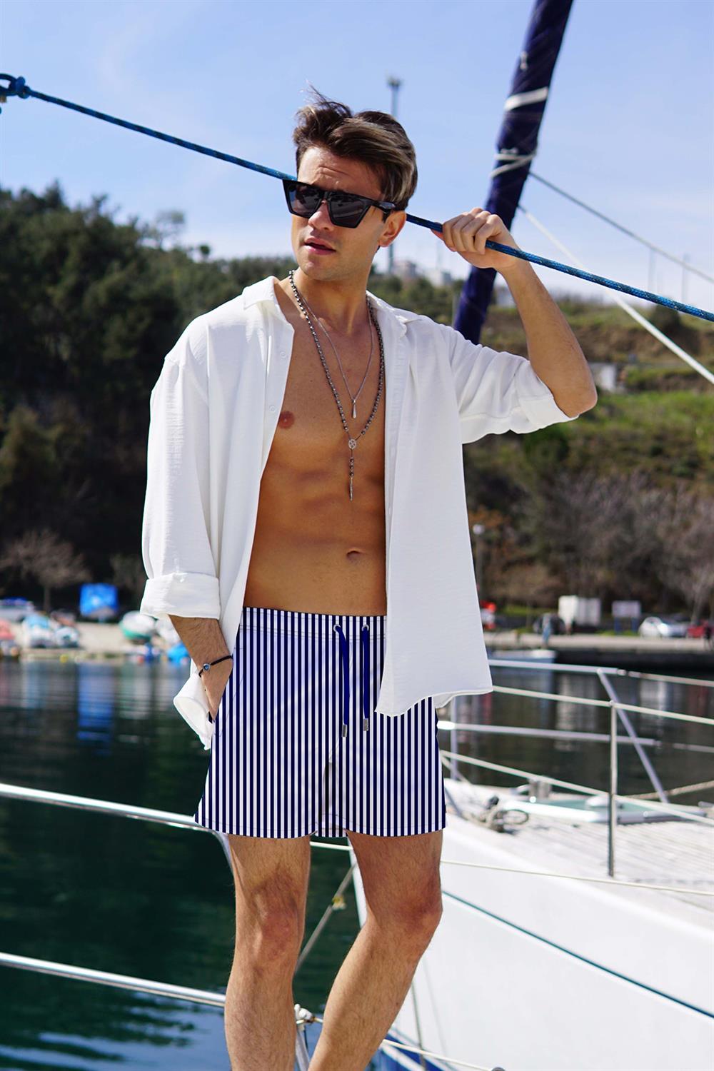 Erkek Havuz Deniz Uzun Şort Çizgili 106