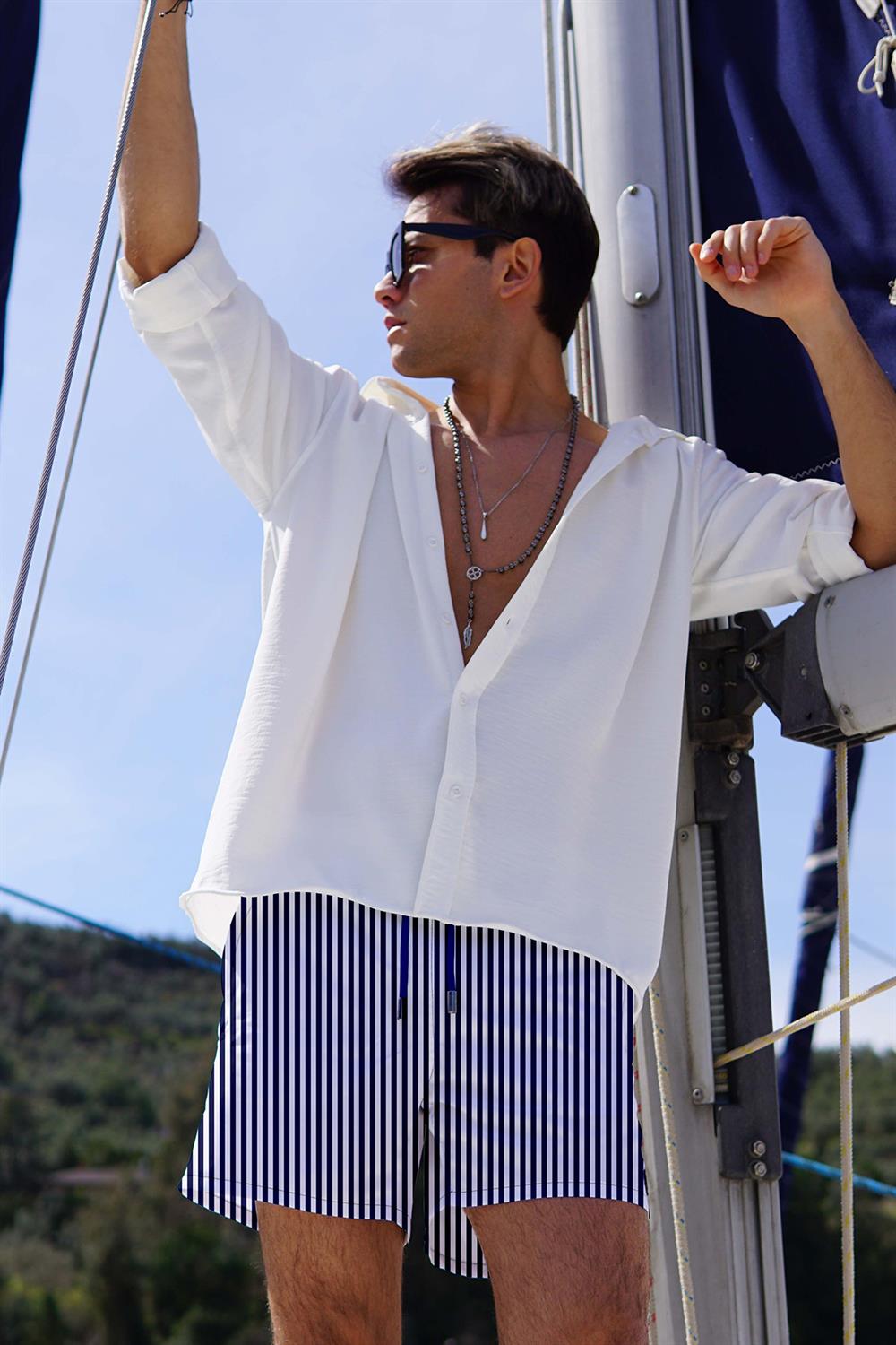 Erkek Havuz Deniz Uzun Şort Çizgili 106