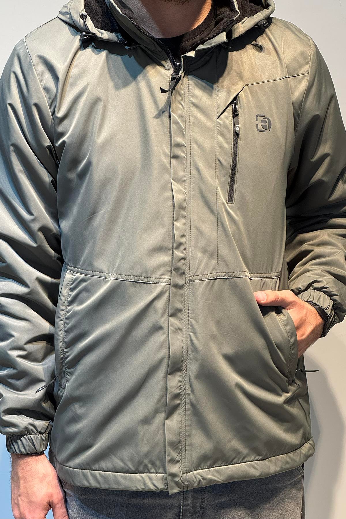 Erkek Kapüşonlu Cep Detaylı İçi Polar Kışlık Mont 2571 Haki