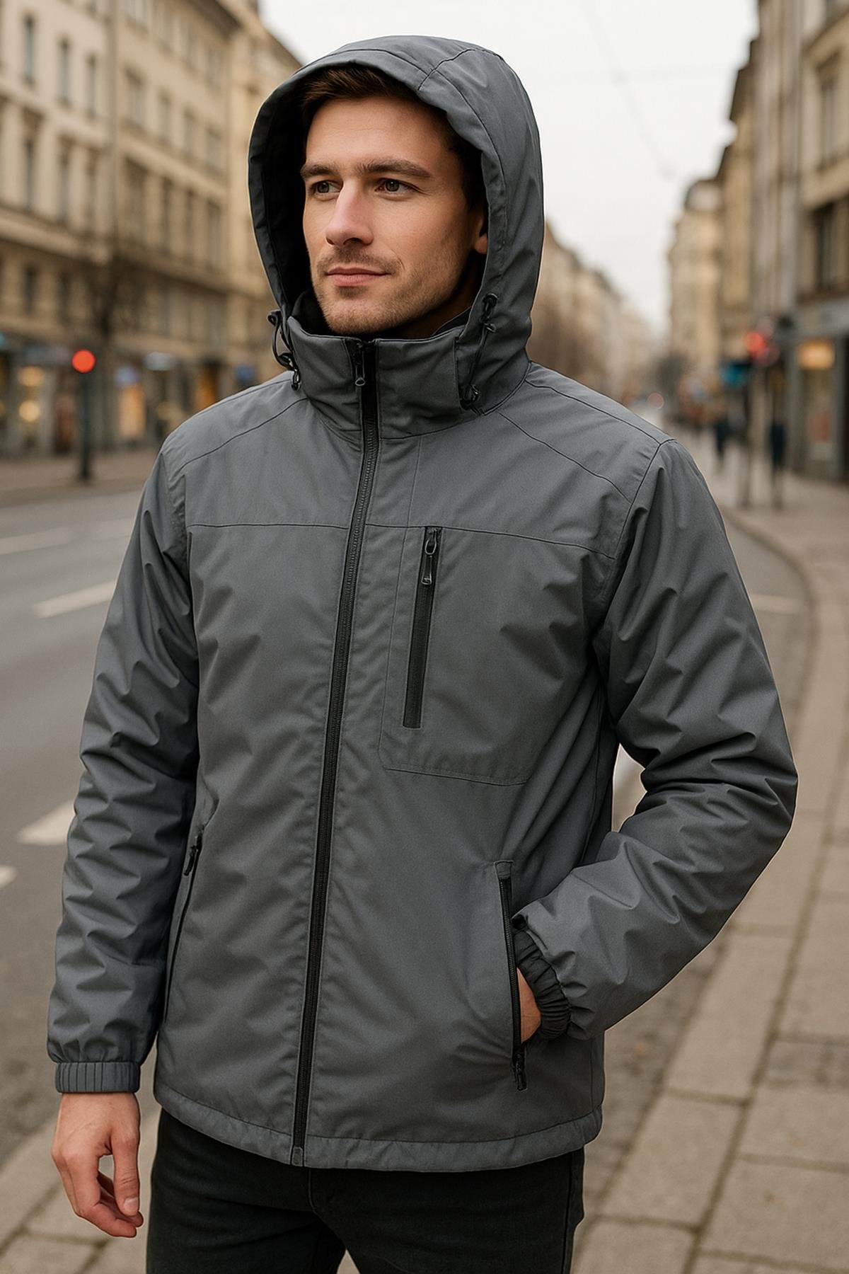 Erkek Kapüşonlu Cep Detaylı İçi Polar Kışlık Mont 2540 Füme