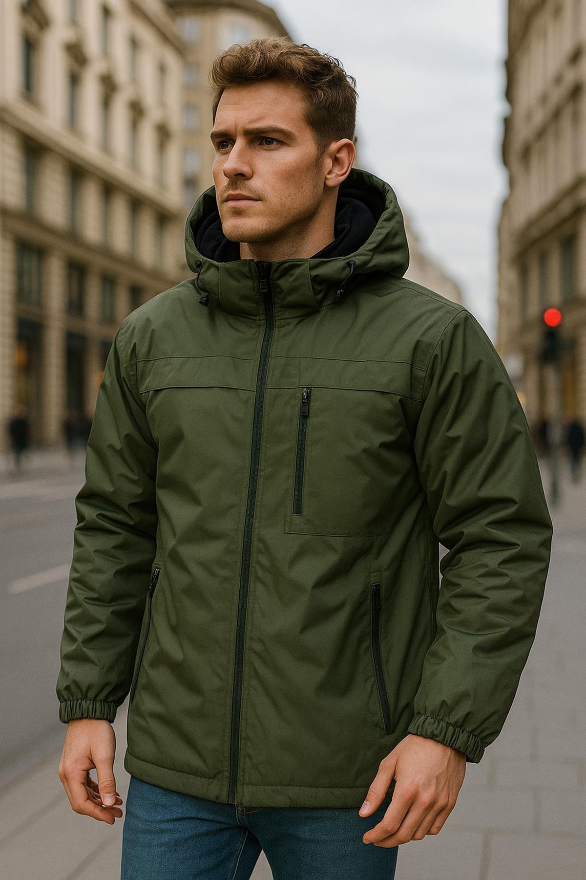 Erkek Kapüşonlu Cep Detaylı İçi Polar Kışlık Mont 2540 Haki