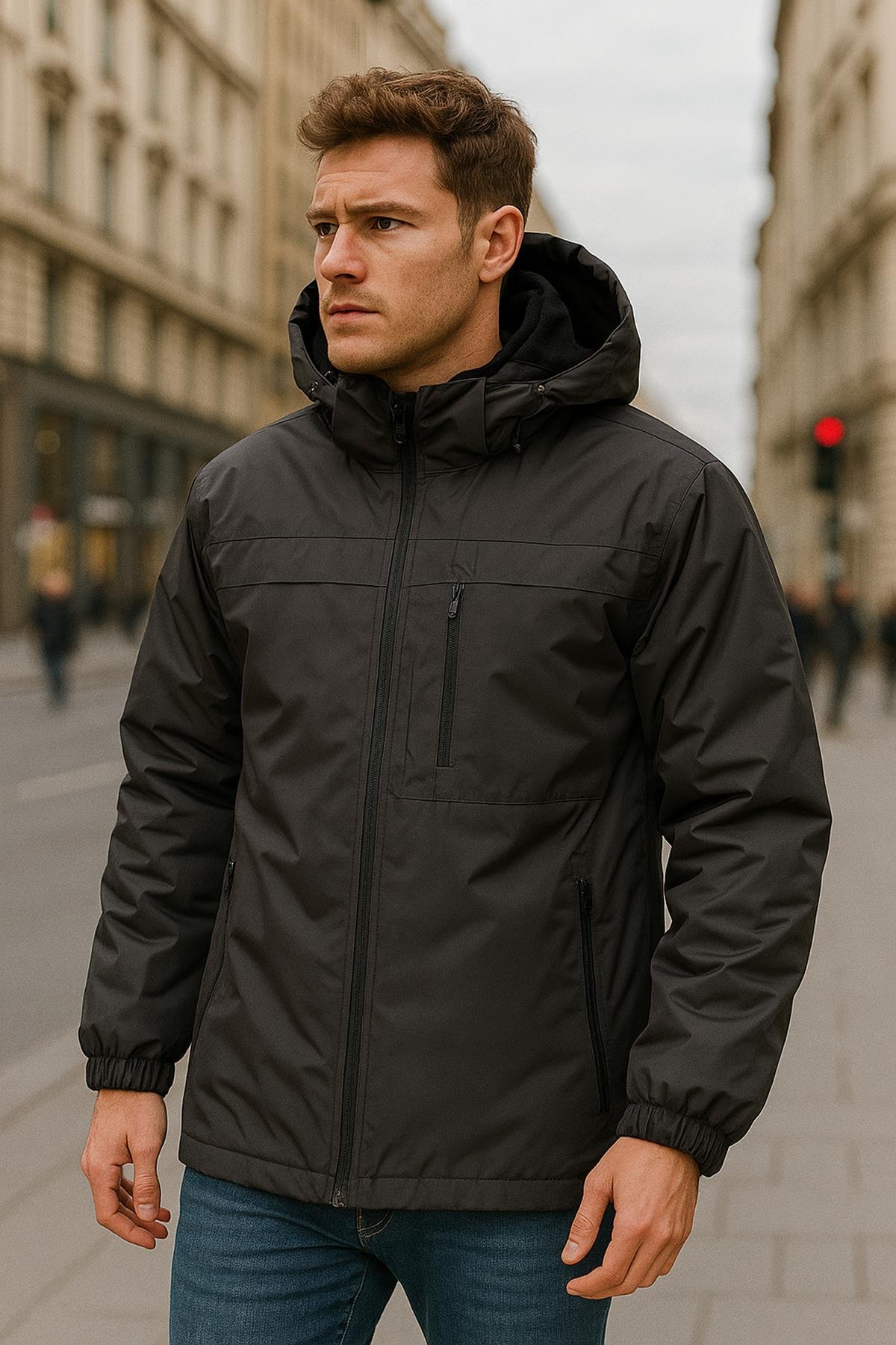 Erkek Kapüşonlu Cep Detaylı İçi Polar Kışlık Mont 2540 Siyah
