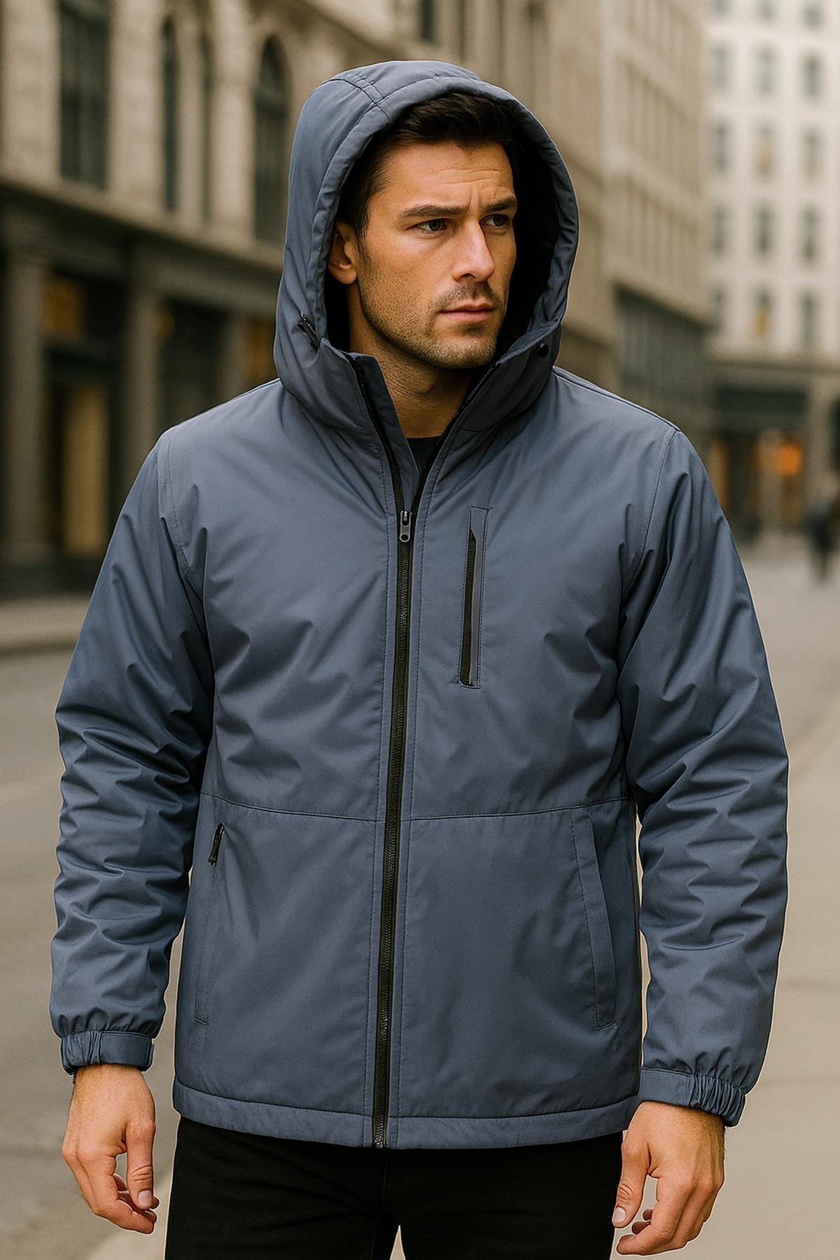 Erkek Kapüşonlu Cep Detaylı İçi Polar Kışlık Mont 2571 Füme